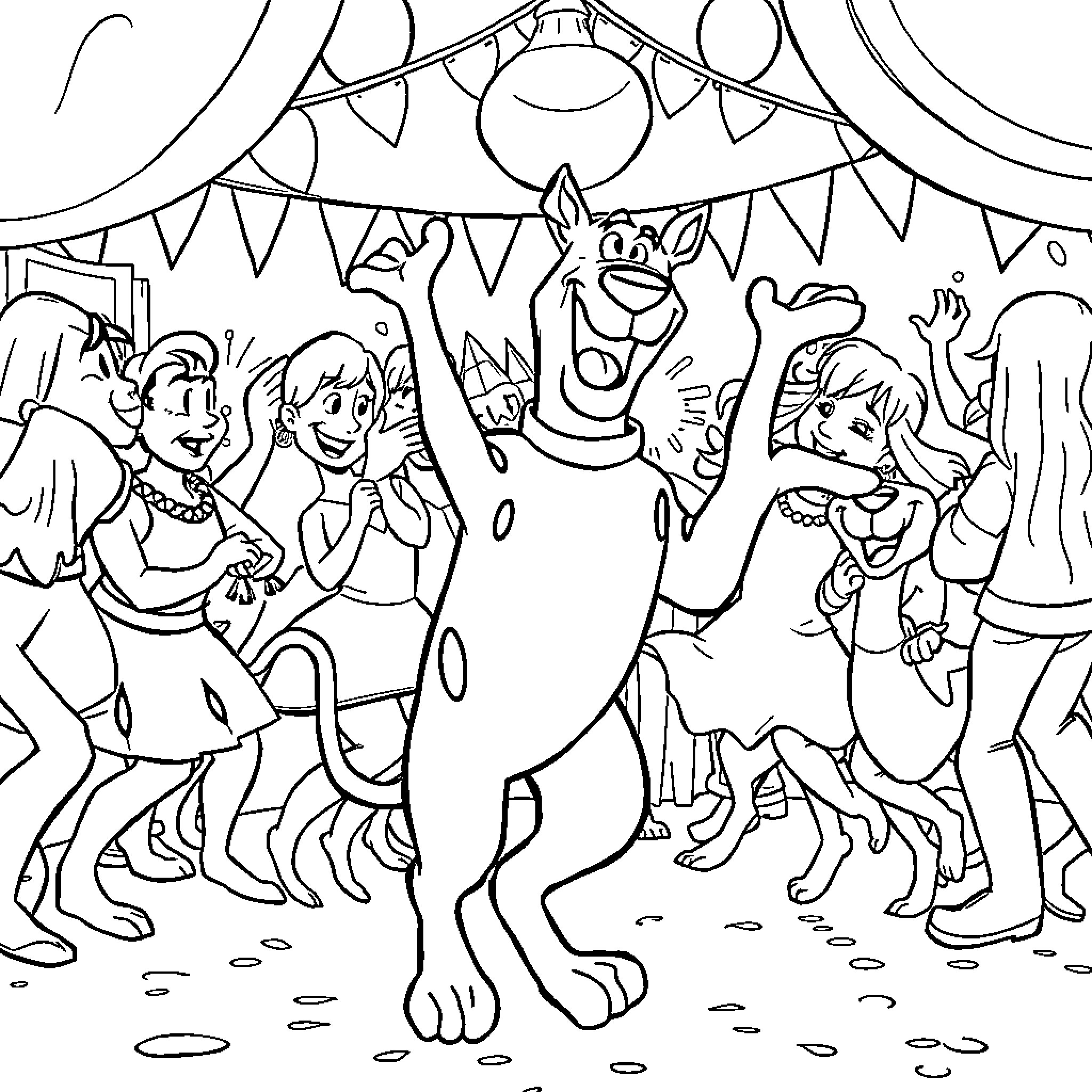 Scooby Doo and Friends Celebrate at a Lively Party Coloring Page (free black-and-white line drawing printable PDF for all, from beginners to advanced learners, including children, teens, adults, and seniors)