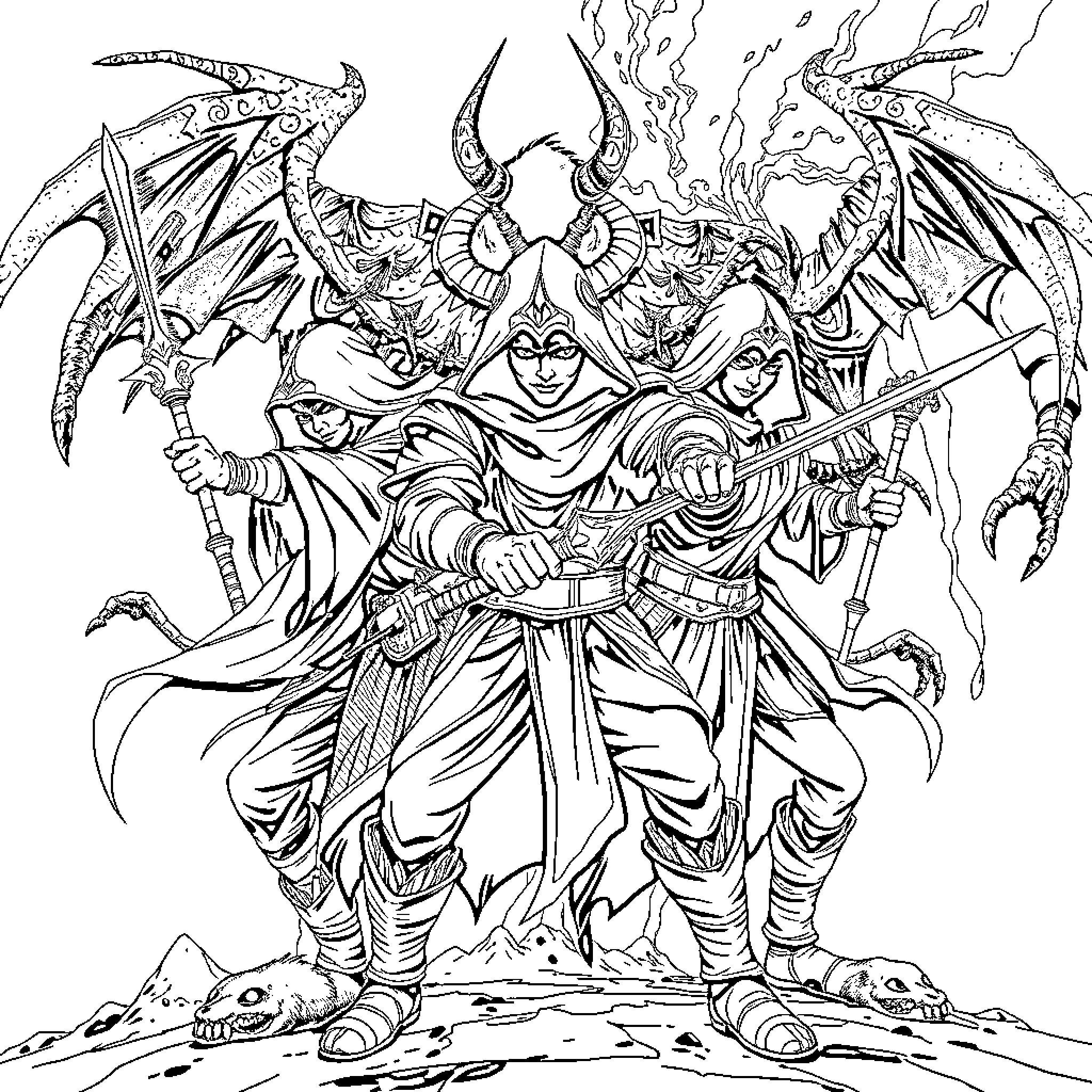Demon Hunter in Fierce Battle with Monstrous Foes Coloring Page (free black-and-white line drawing printable PDF for all, from beginners to advanced learners, including children, teens, adults, and seniors)