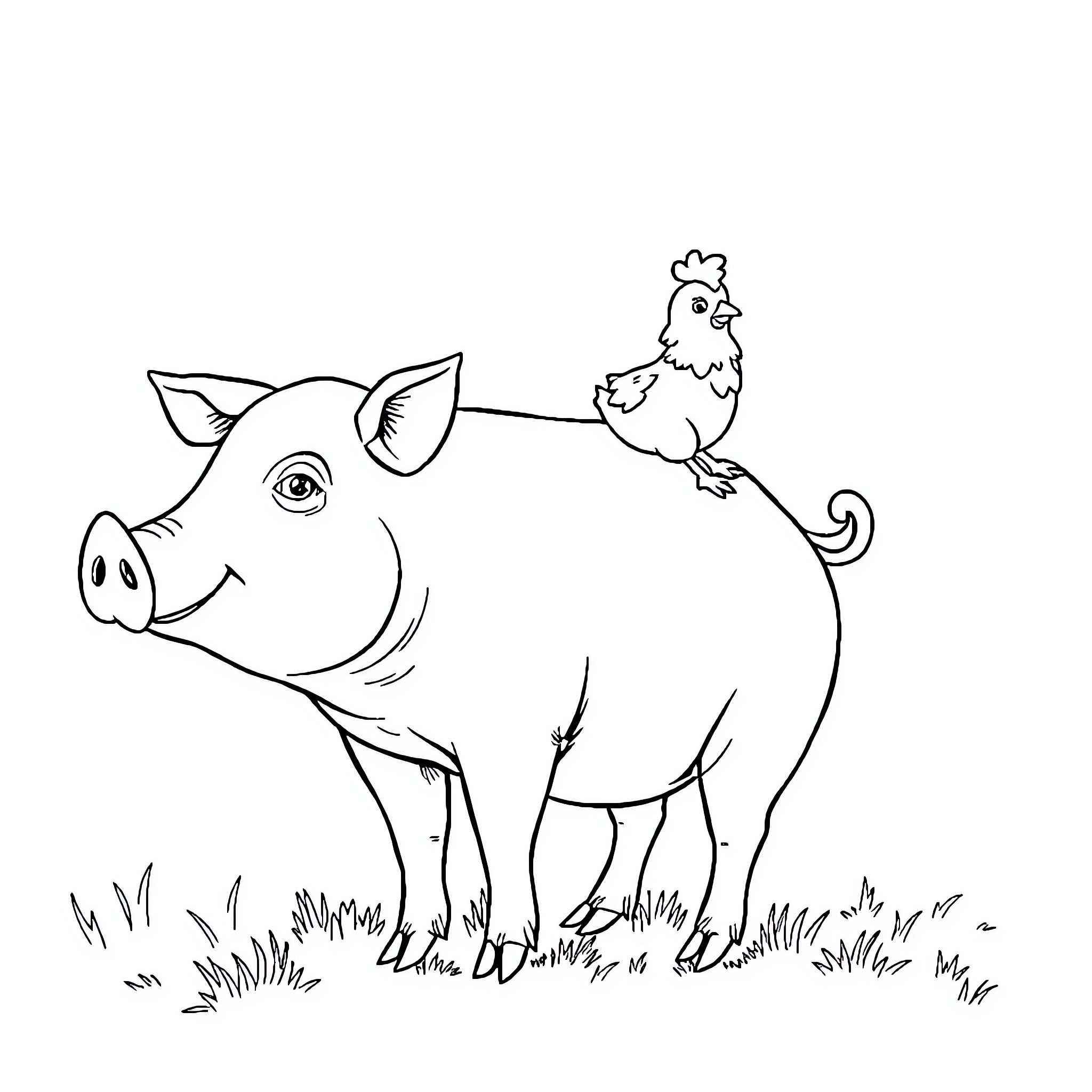 Chicken riding on a happy pig in the field Coloring Page (free black-and-white line drawing printable PDF for all, from beginners to advanced learners, including children, teens, adults, and seniors)