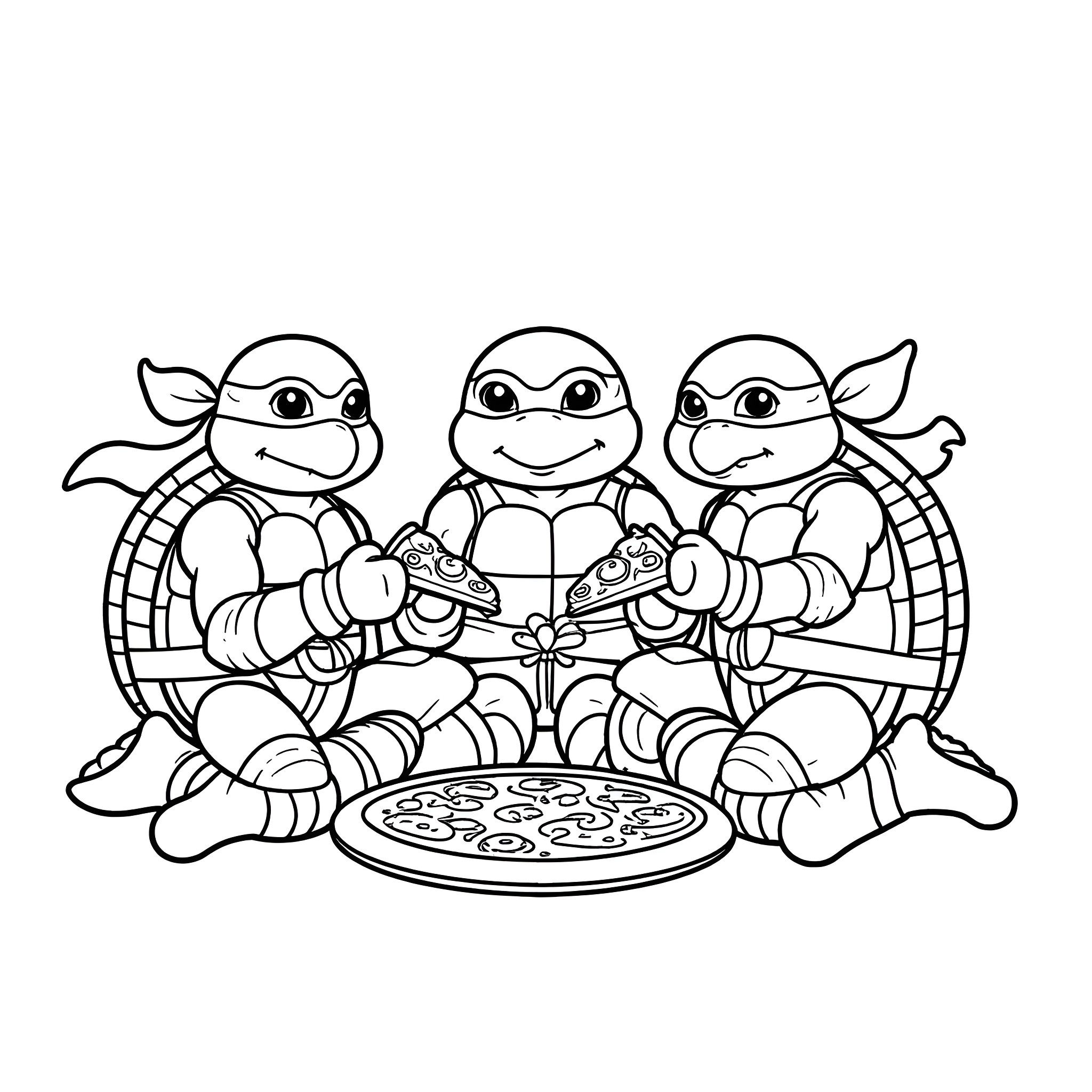 Ninja Turtles enjoying a slice of pizza together Coloring Page (free black-and-white line drawing printable PDF for all, from beginners to advanced learners, including children, teens, adults, and seniors)