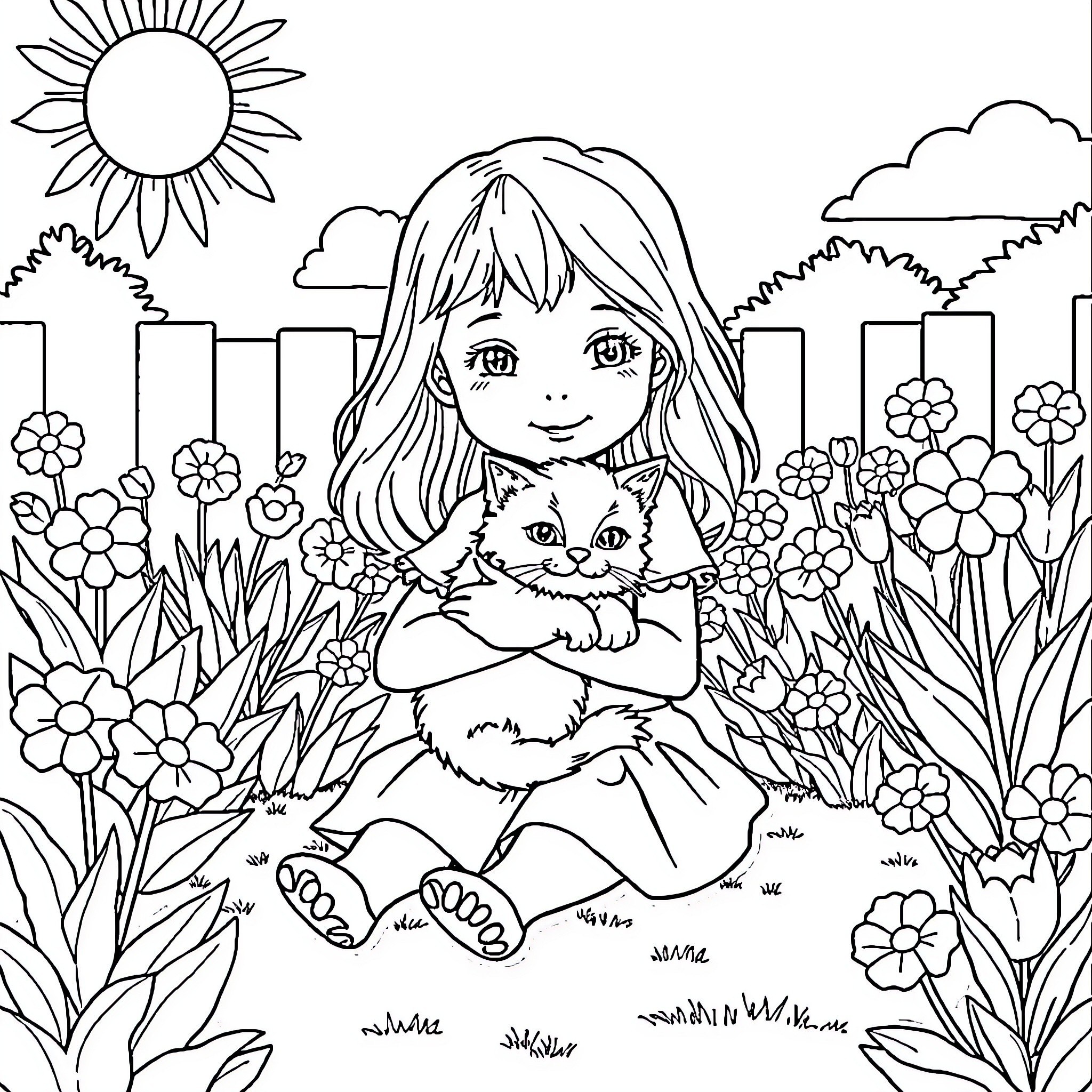 Girl holding a cute kitten in a floral garden Coloring Page (free black-and-white line drawing printable PDF for all, from beginners to advanced learners, including children, teens, adults, and seniors)