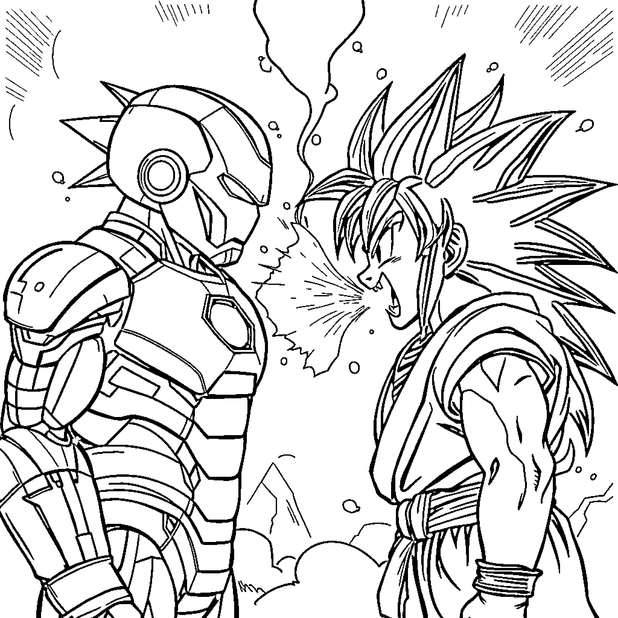 Ironman Battling Energetic Superhero in Intense Showdown Coloring Page (free black-and-white line drawing printable PDF for all, from beginners to advanced learners, including children, teens, adults, and seniors)