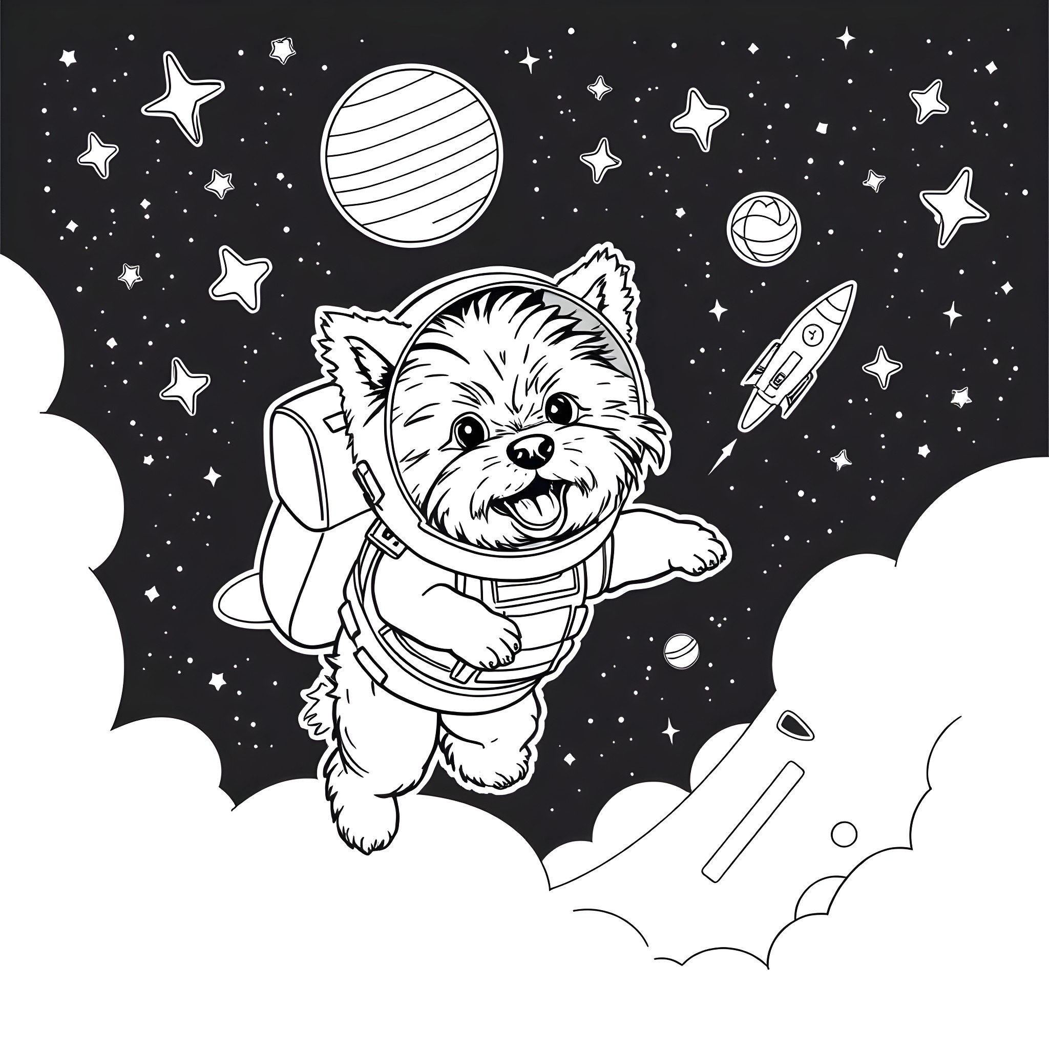 Havanese Dog Exploring Outer Space with Rocket Coloring Page (free black-and-white line drawing printable PDF for all, from beginners to advanced learners, including children, teens, adults, and seniors)