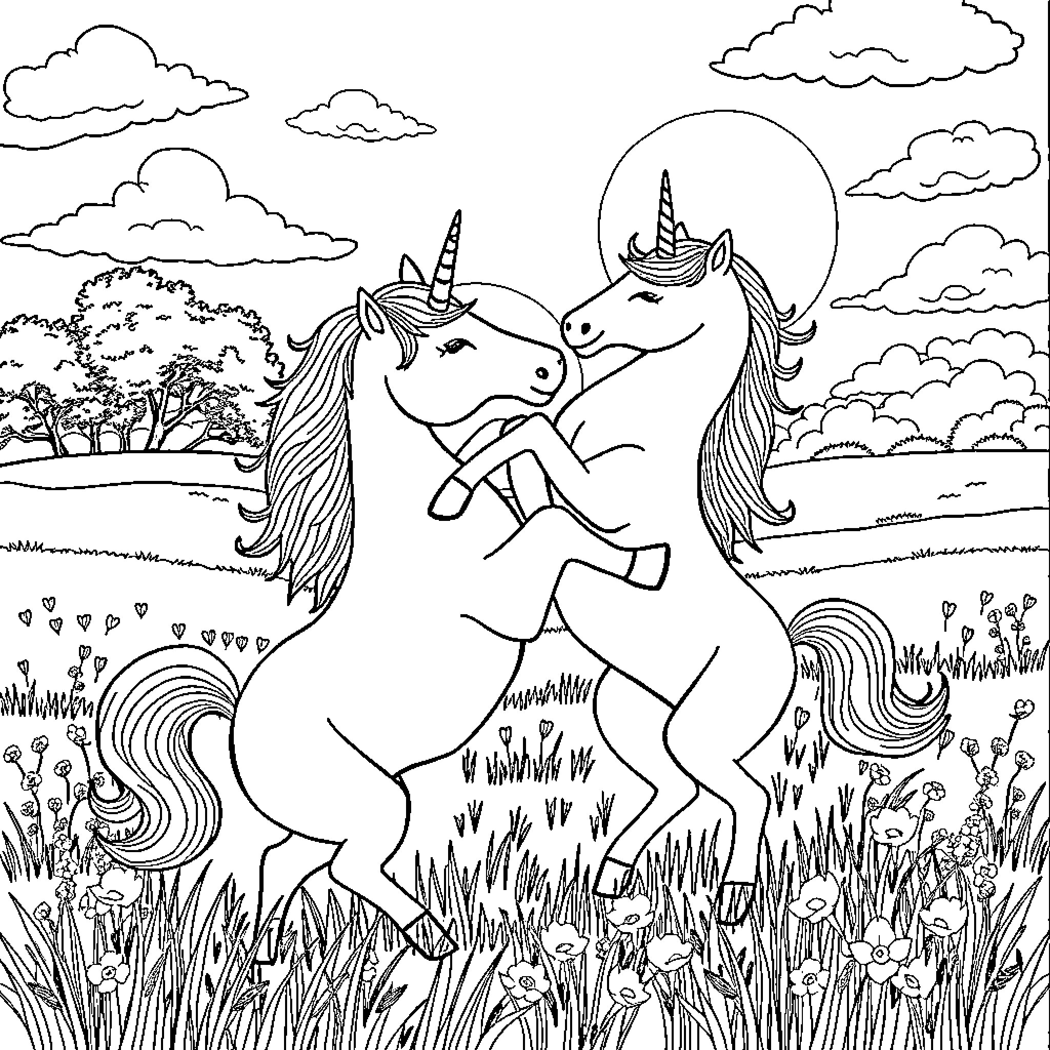 Unicorn companions frolicking in a magical meadow Coloring Page (free black-and-white line drawing printable PDF for all, from beginners to advanced learners, including children, teens, adults, and seniors)