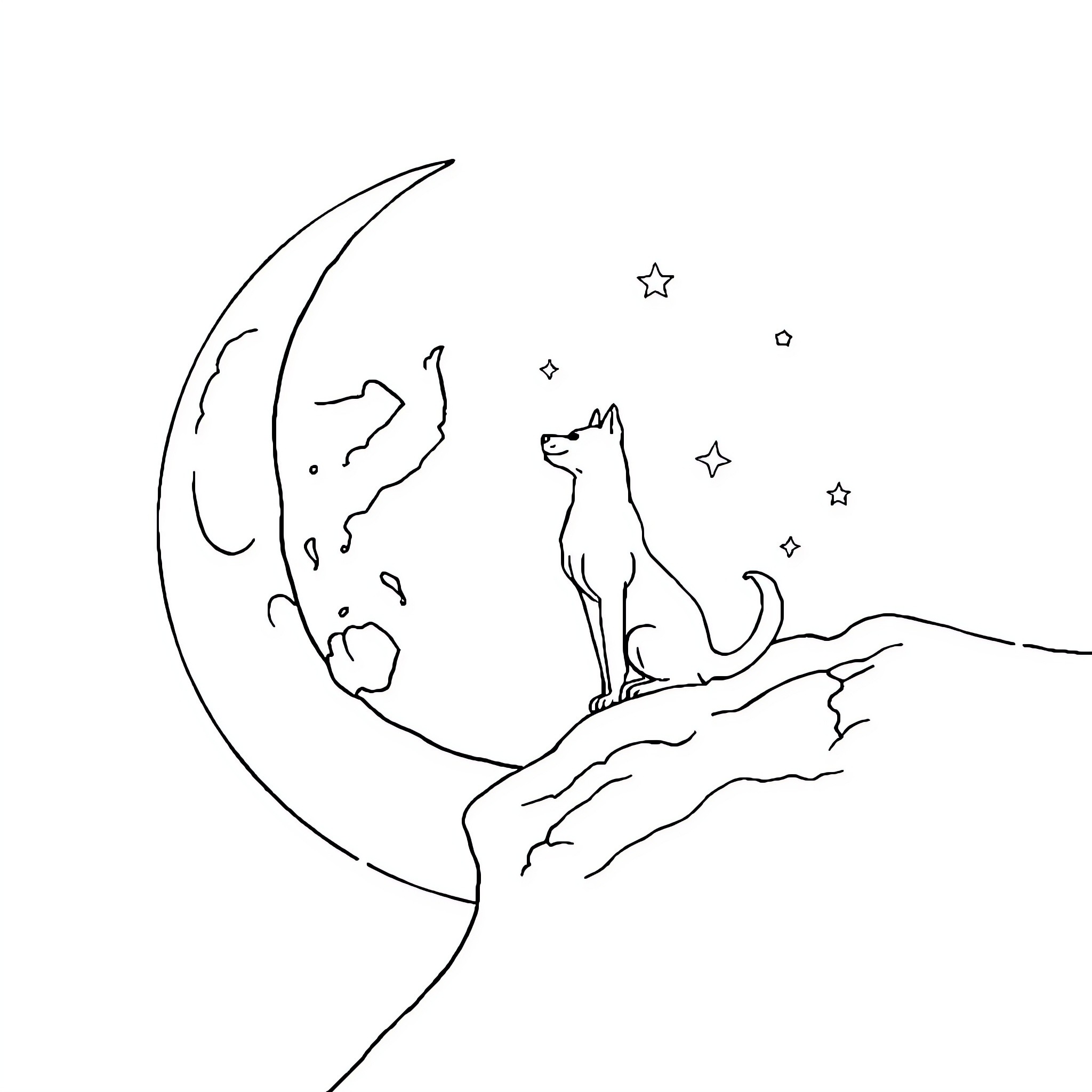 Dog gazing at the night sky Coloring Page (free black-and-white line drawing printable PDF for all, from beginners to advanced learners, including children, teens, adults, and seniors)