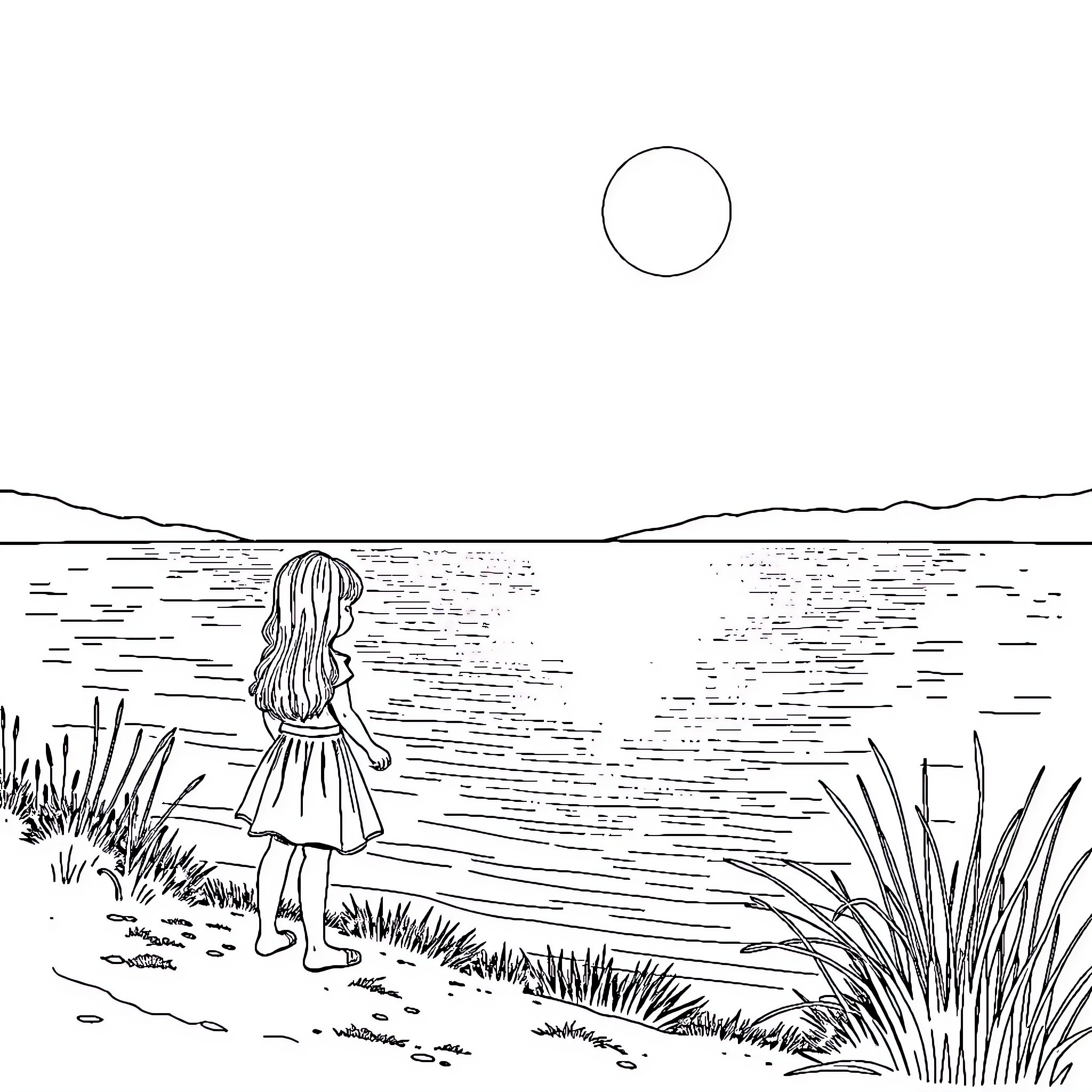 Girl gazing at the serene lake Coloring Page (free black-and-white line drawing printable PDF for all, from beginners to advanced learners, including children, teens, adults, and seniors)