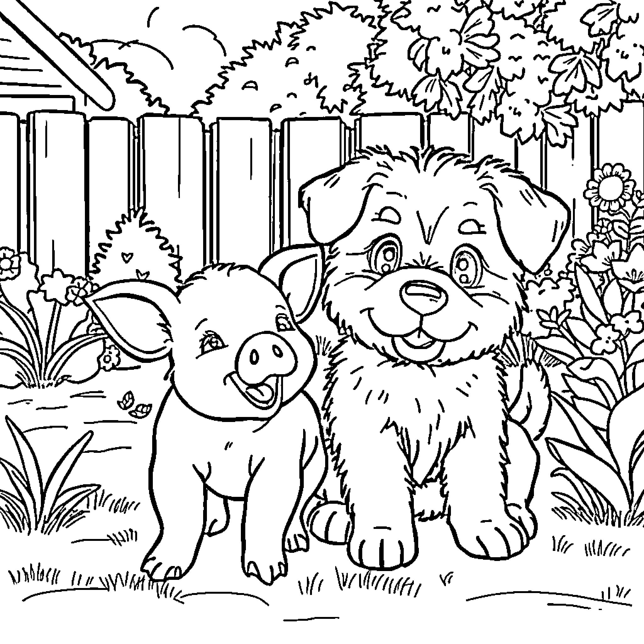 Piglet and puppy playing together in the garden Coloring Page (free black-and-white line drawing printable PDF for all, from beginners to advanced learners, including children, teens, adults, and seniors)