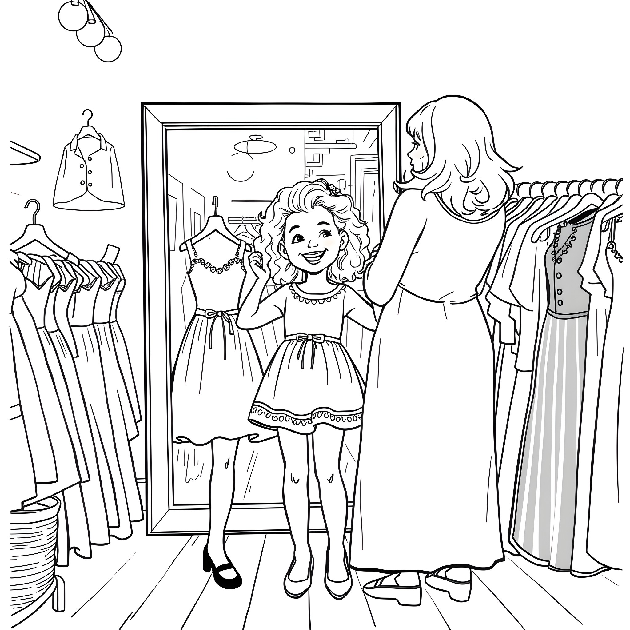 Girl trying on dresses in clothing store Coloring Page (free black-and-white line drawing printable PDF for all, from beginners to advanced learners, including children, teens, adults, and seniors)