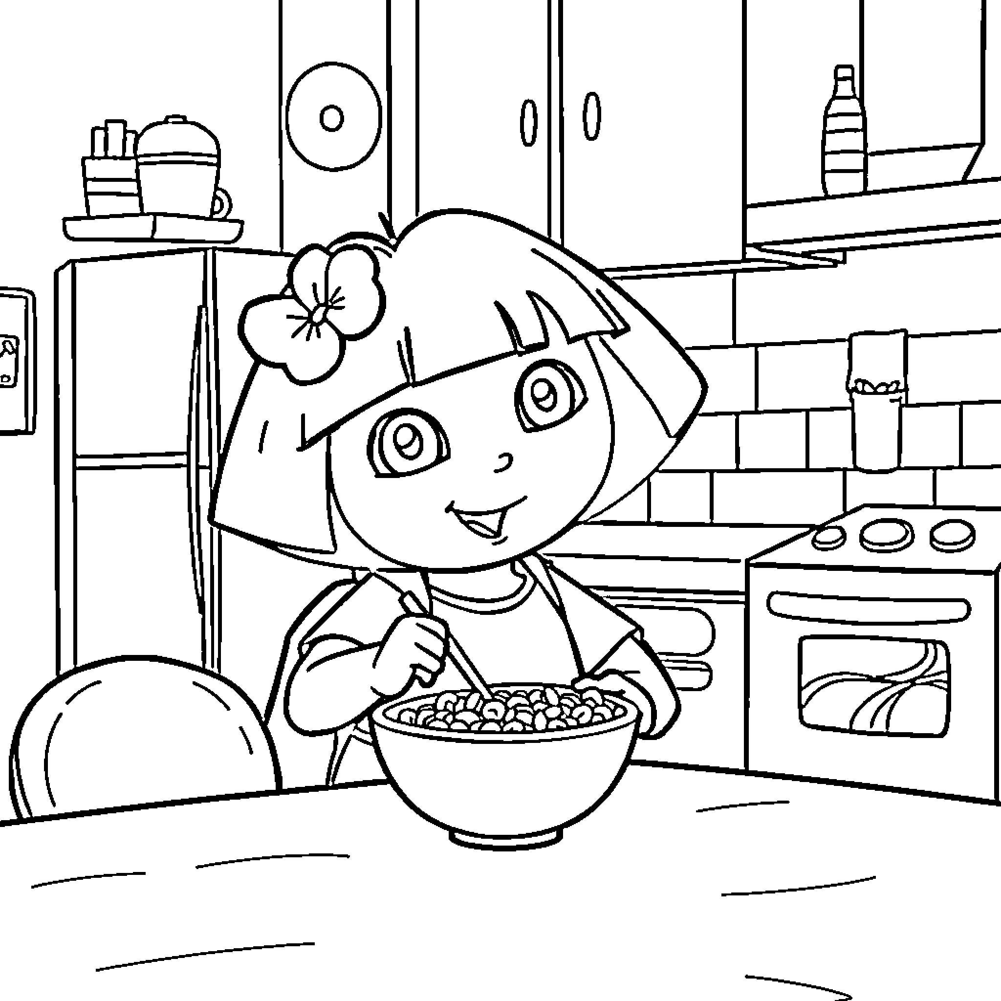 Dora Exploring the Kitchen and Preparing a Meal Coloring Page (free black-and-white line drawing printable PDF for all, from beginners to advanced learners, including children, teens, adults, and seniors)