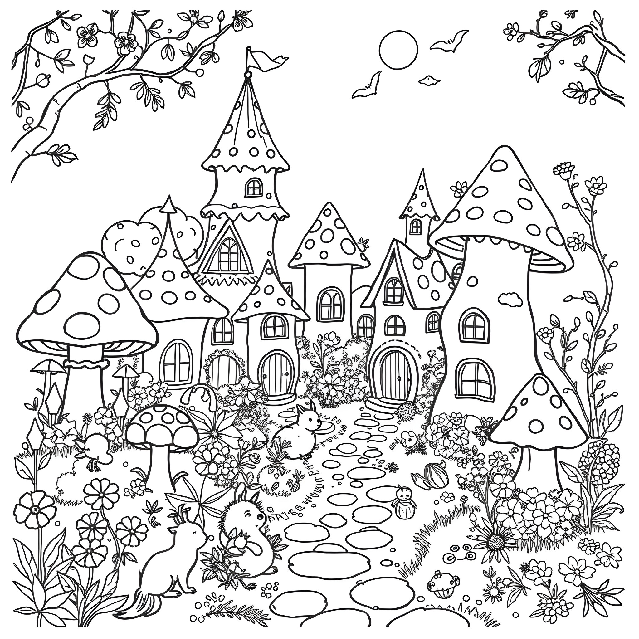Toadstool Enchanted Forest with Whimsical Dwellings Coloring Page (free black-and-white line drawing printable PDF for all, from beginners to advanced learners, including children, teens, adults, and seniors)