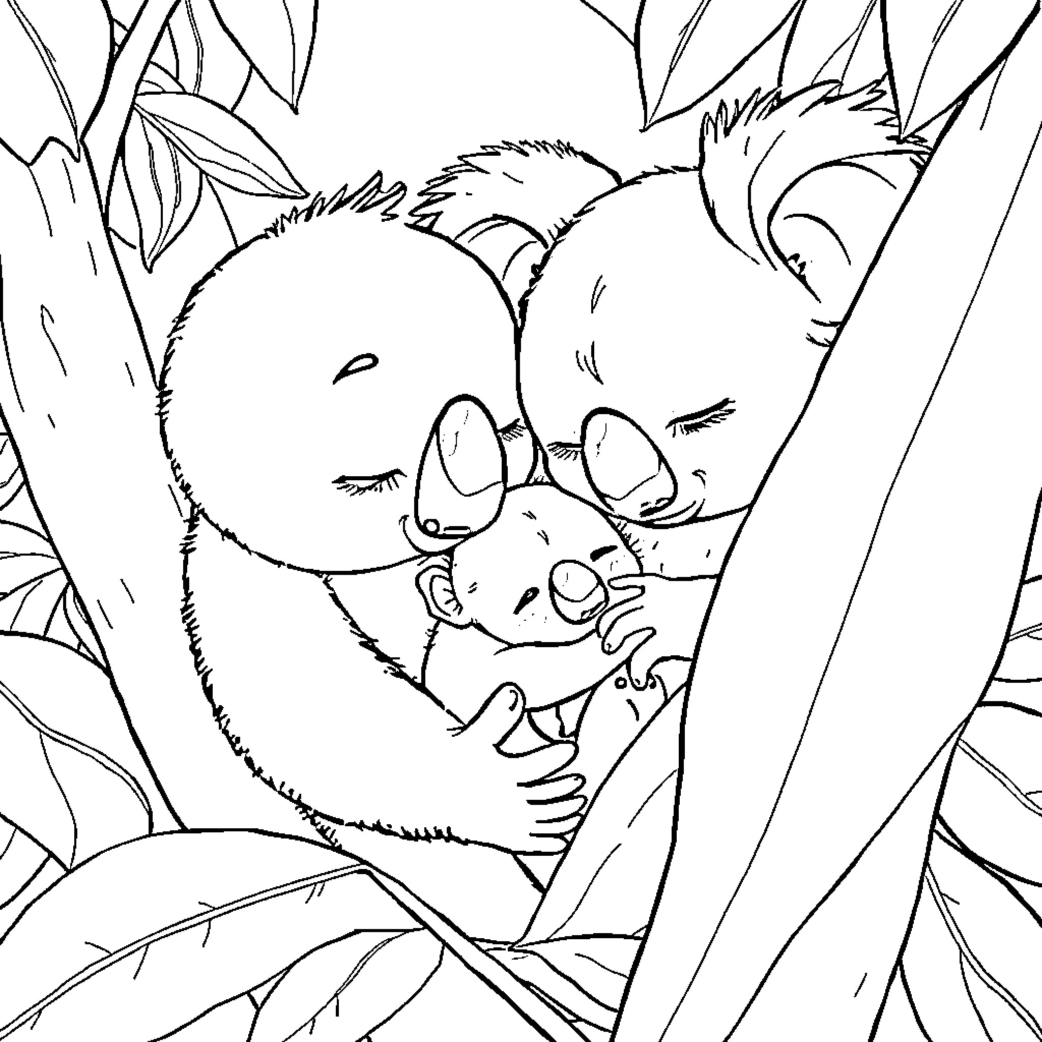 Corbeau's Cozy Embrace in the Wilderness Coloring Page (free black-and-white line drawing printable PDF for all, from beginners to advanced learners, including children, teens, adults, and seniors)