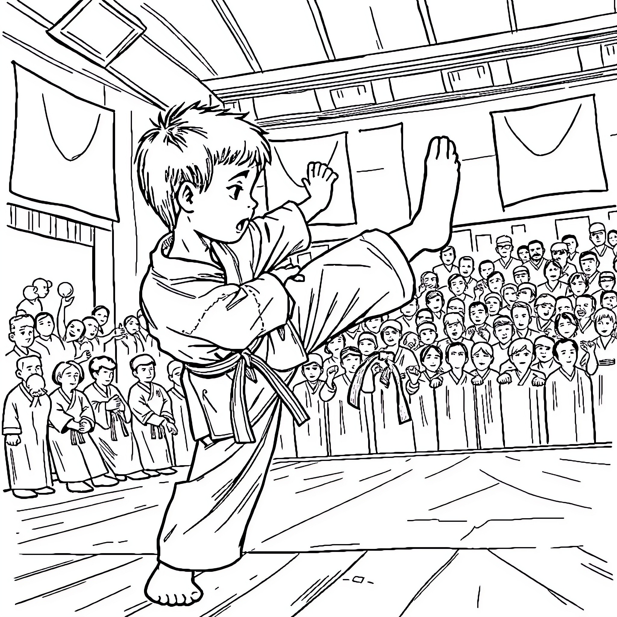 Child practicing martial arts in a competition arena Coloring Page (free black-and-white line drawing printable PDF for all, from beginners to advanced learners, including children, teens, adults, and seniors)