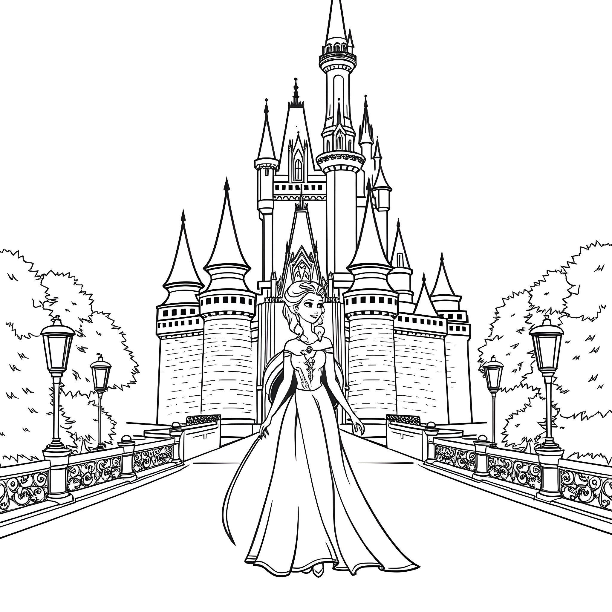 Elsa in her princess dress at the castle Coloring Page (free black-and-white line drawing printable PDF for all, from beginners to advanced learners, including children, teens, adults, and seniors)
