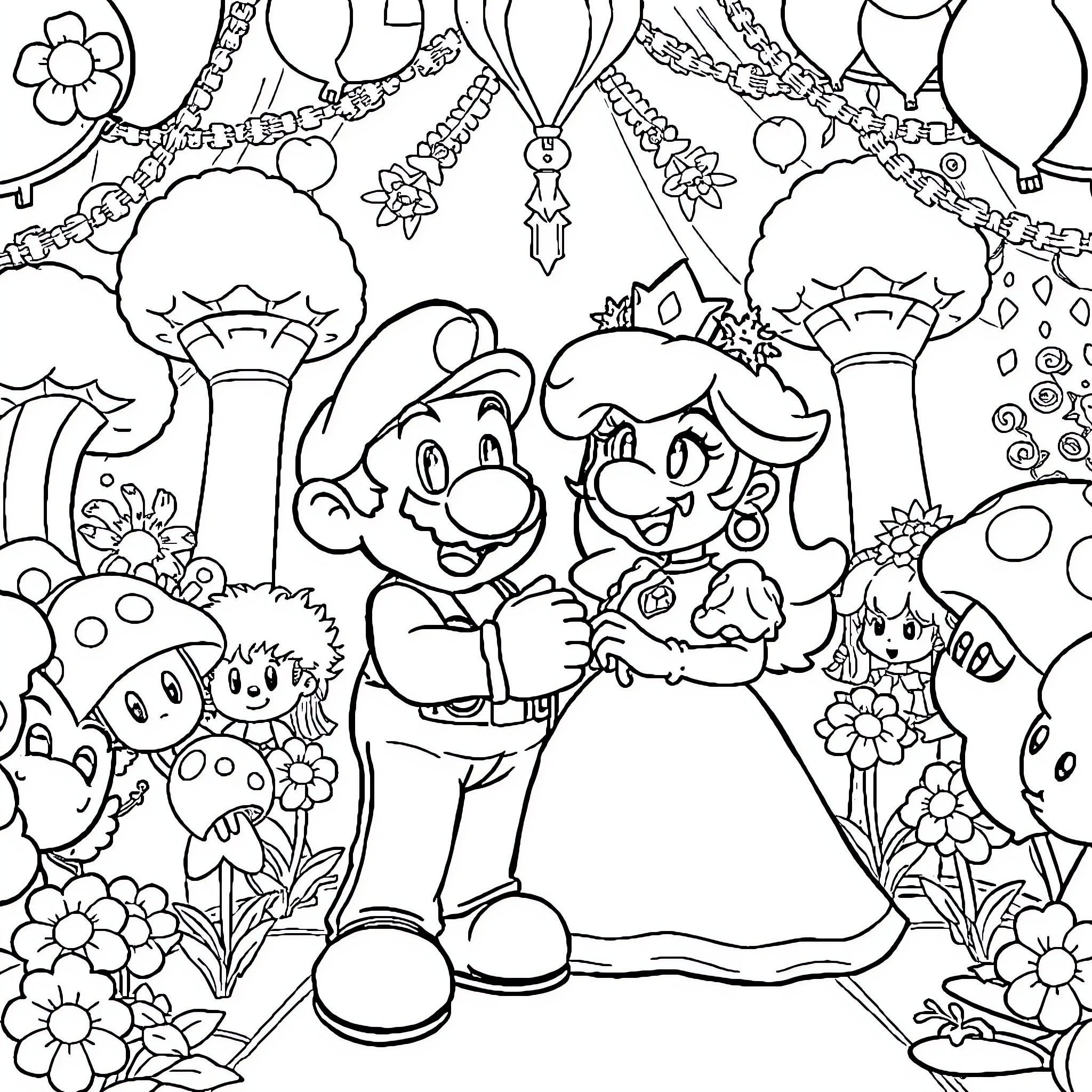 Mario and Princess Peach Celebrating in the Mushroom Kingdom Coloring Page (free black-and-white line drawing printable PDF for all, from beginners to advanced learners, including children, teens, adults, and seniors)