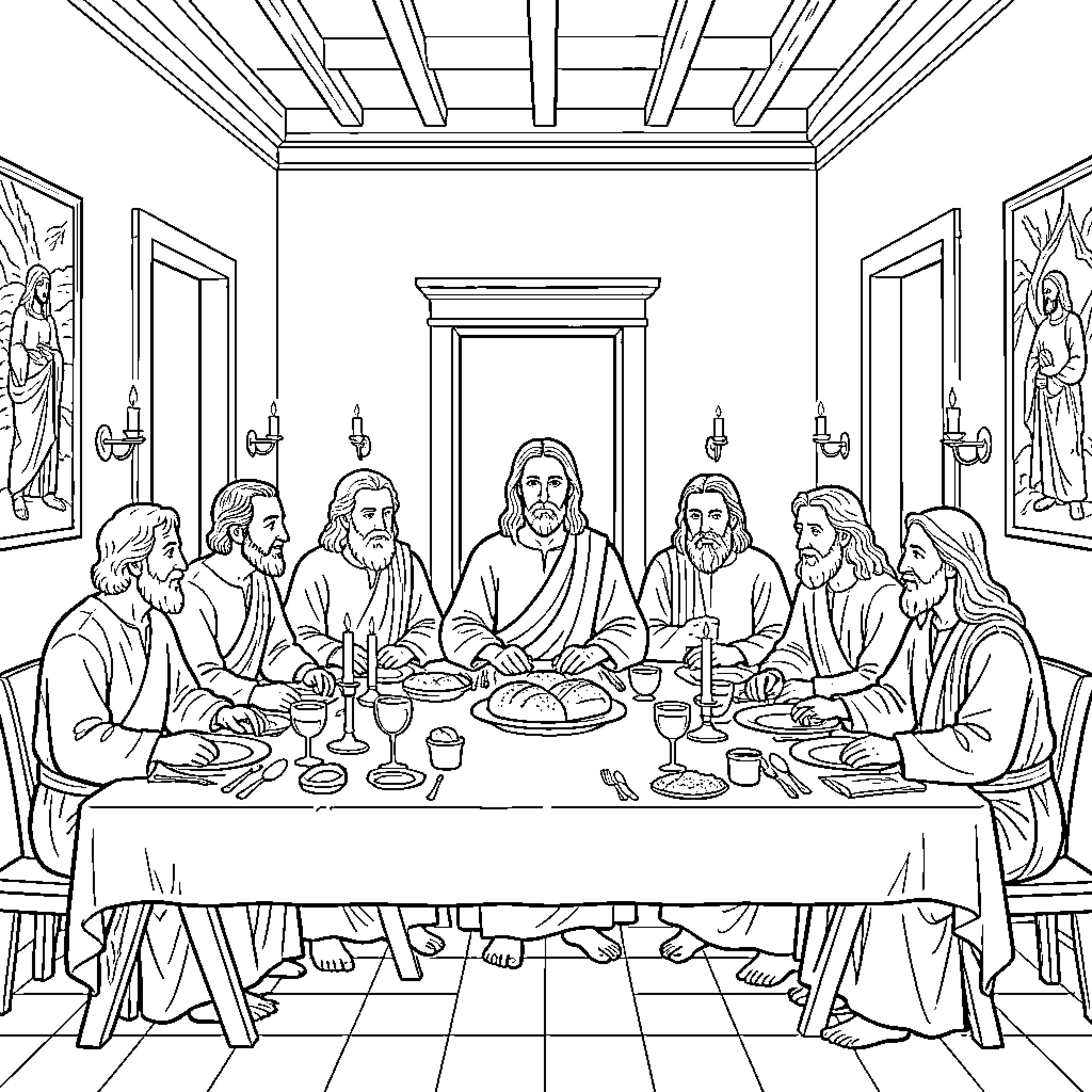 Jesus and Disciples at Last Supper Coloring Page (free black-and-white line drawing printable PDF for all, from beginners to advanced learners, including children, teens, adults, and seniors)
