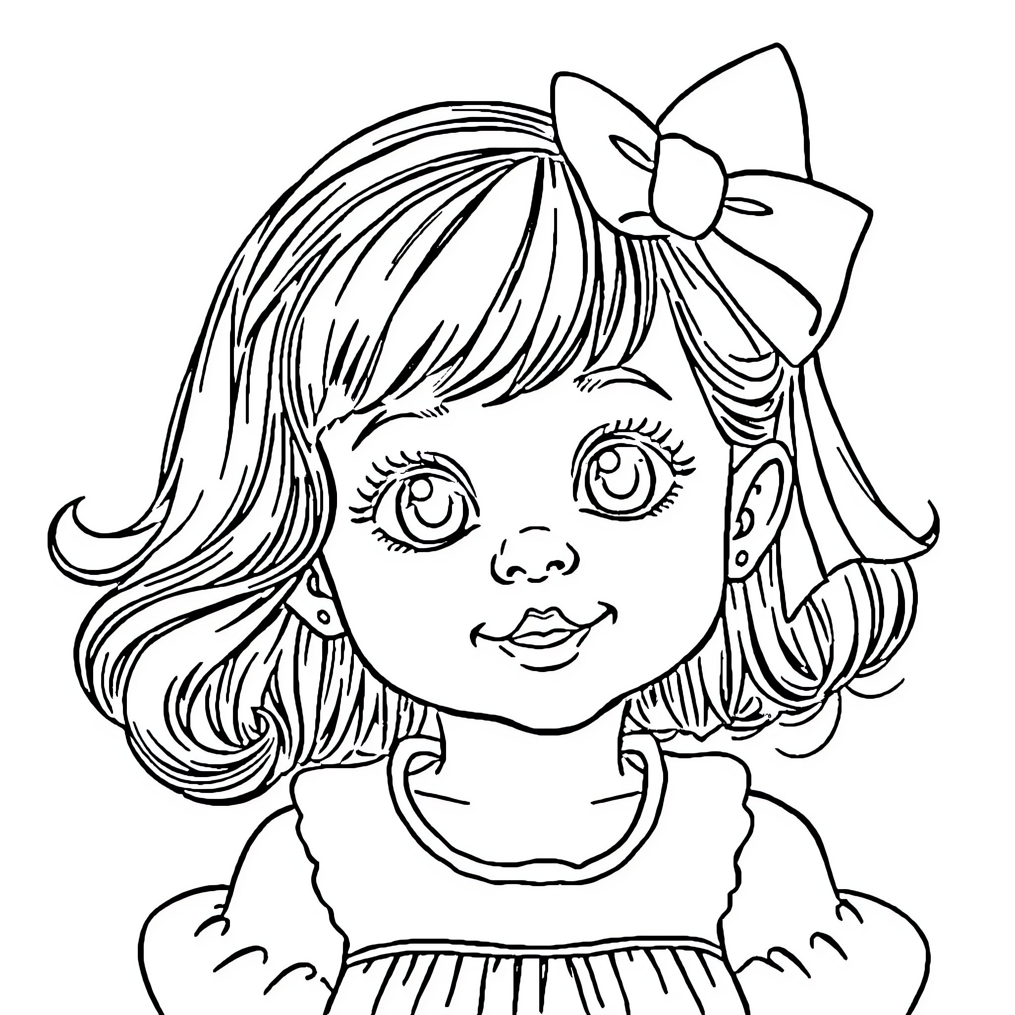 Girl with Bow and Smiling Expression Coloring Page (free black-and-white line drawing printable PDF for all, from beginners to advanced learners, including children, teens, adults, and seniors)