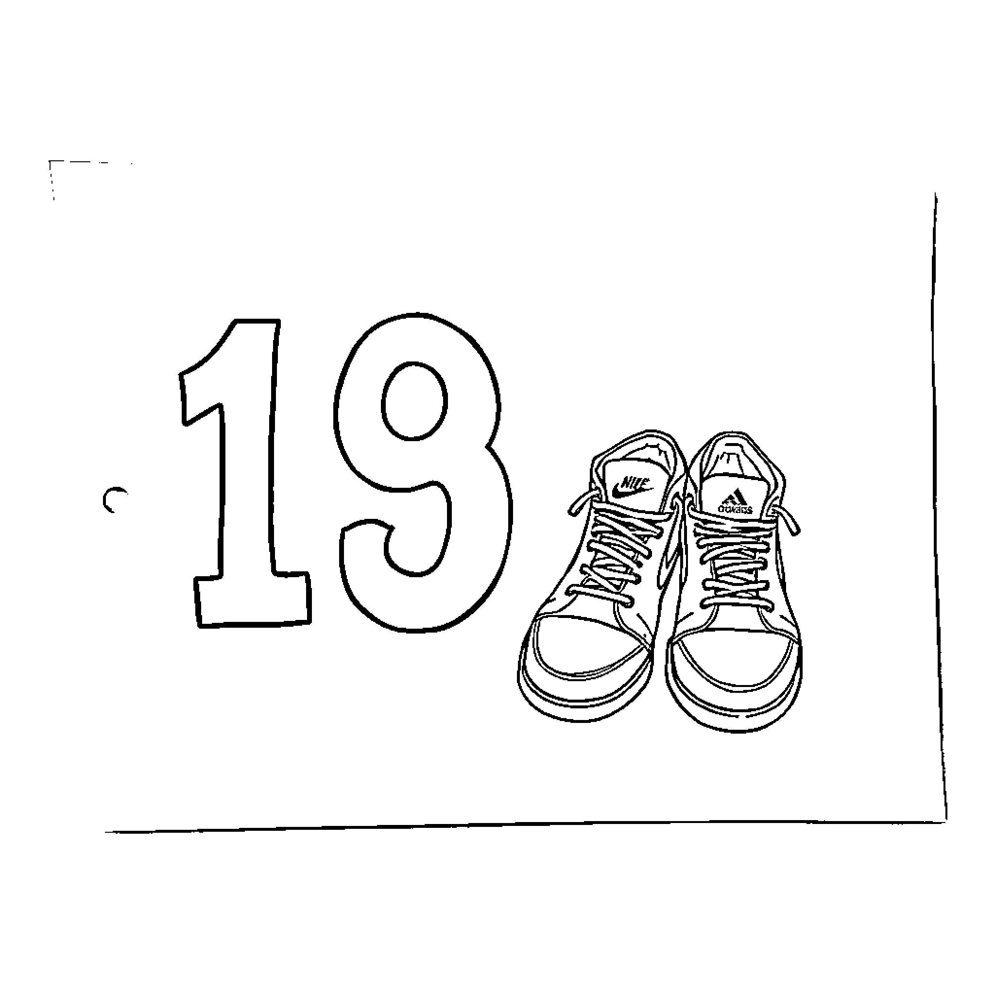 Shoe with number 19 illustration Coloring Page (free black-and-white line drawing printable PDF for all, from beginners to advanced learners, including children, teens, adults, and seniors)