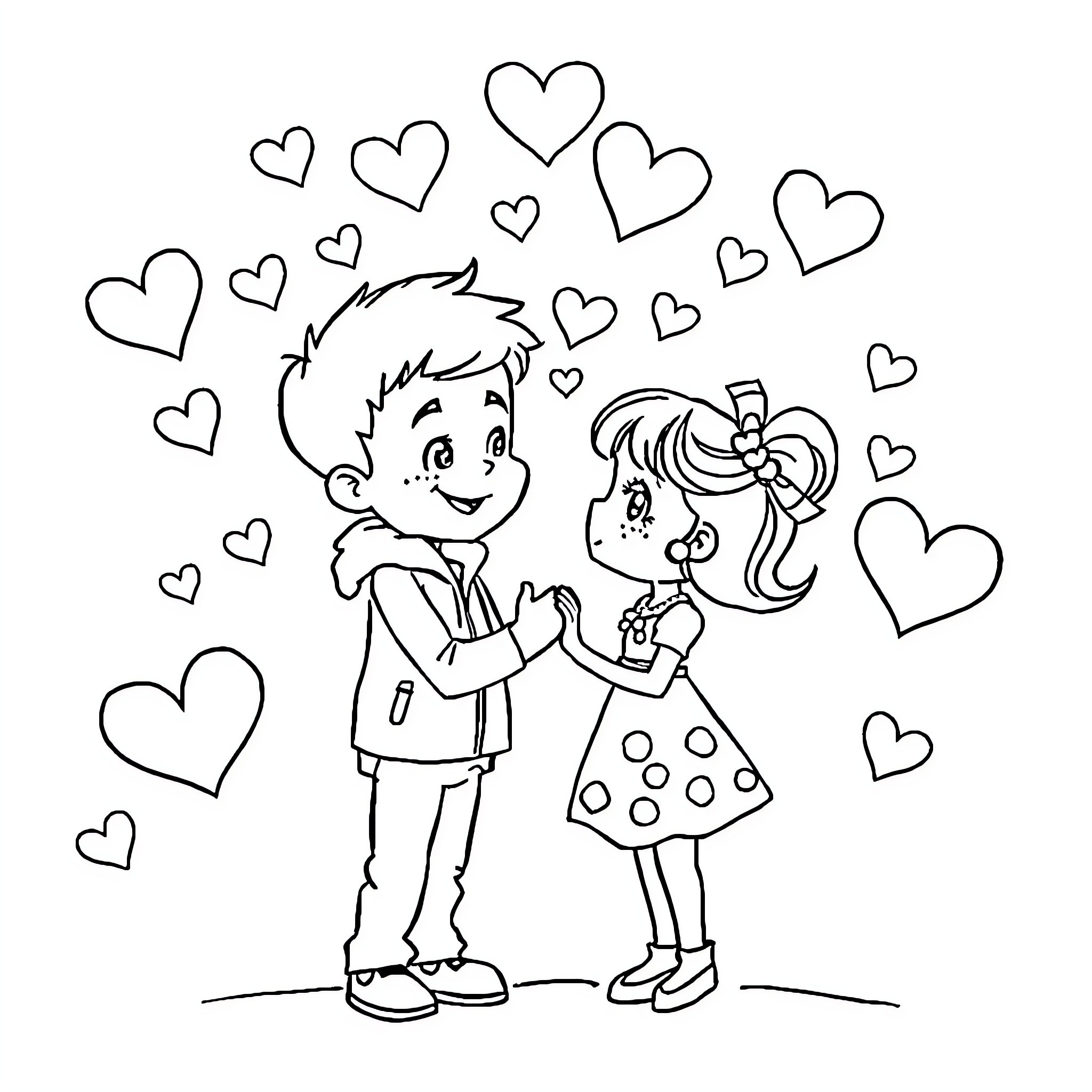 Heart-Filled Romance between Young Couple Coloring Page (free black-and-white line drawing printable PDF for all, from beginners to advanced learners, including children, teens, adults, and seniors)