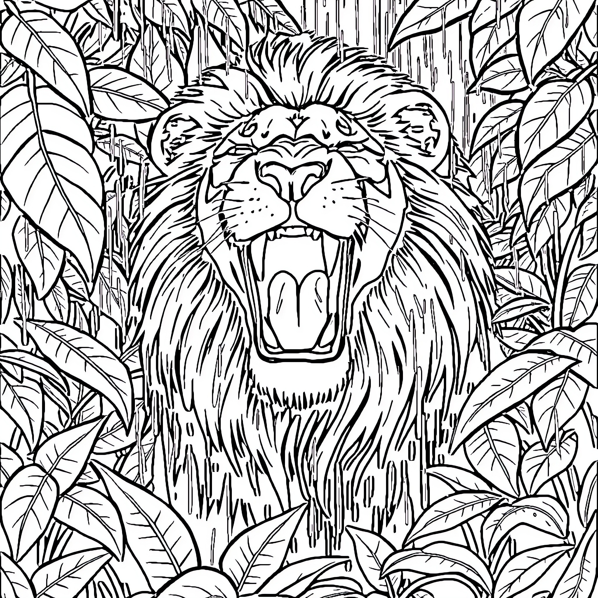 Lion roaring in the dense jungle Coloring Page (free black-and-white line drawing printable PDF for all, from beginners to advanced learners, including children, teens, adults, and seniors)