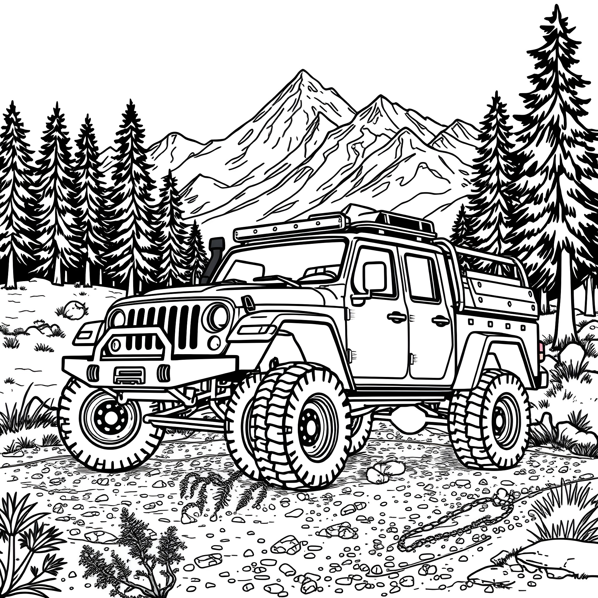 Truck navigating rugged mountain terrain Coloring Page (free black-and-white line drawing printable PDF for all, from beginners to advanced learners, including children, teens, adults, and seniors)