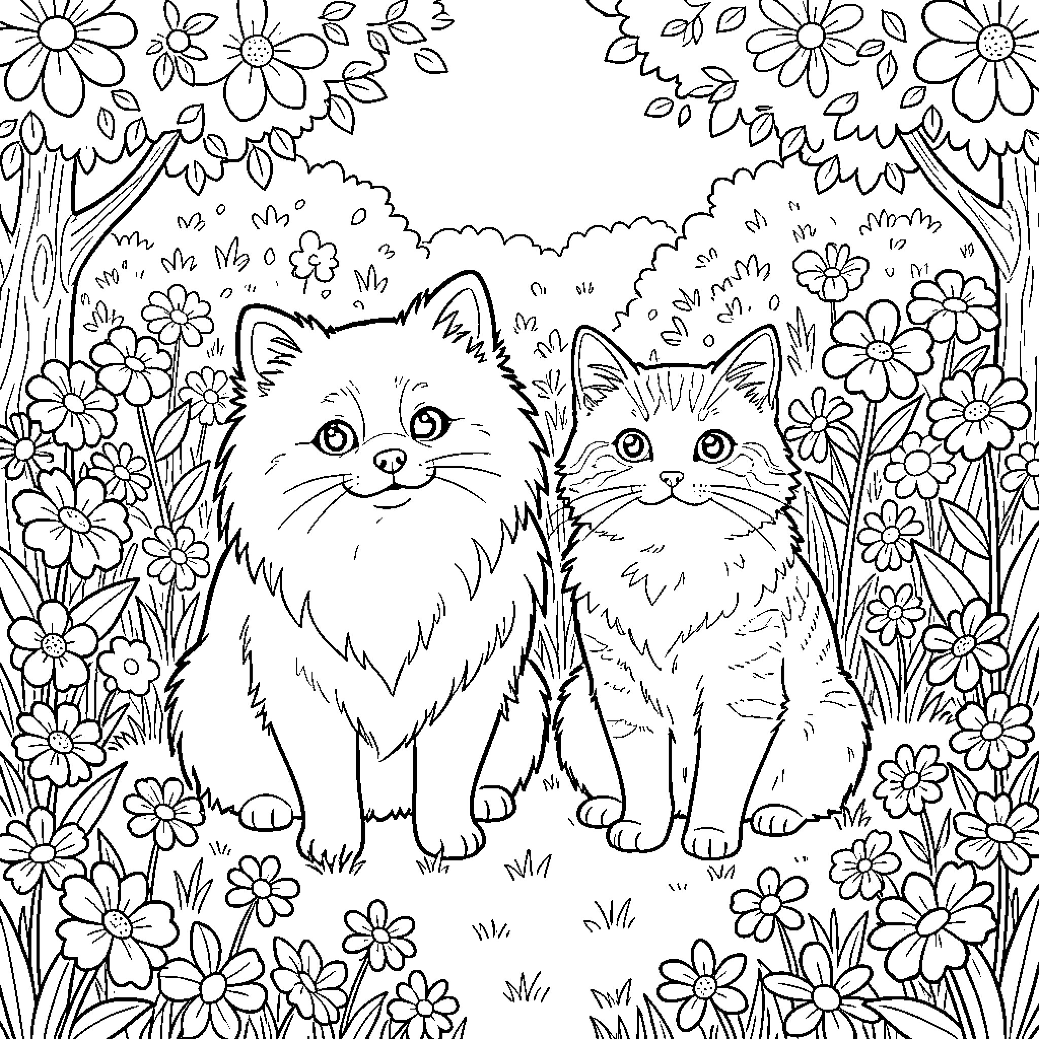 Dog and kitten sitting together in a flower garden Coloring Page (free black-and-white line drawing printable PDF for all, from beginners to advanced learners, including children, teens, adults, and seniors)