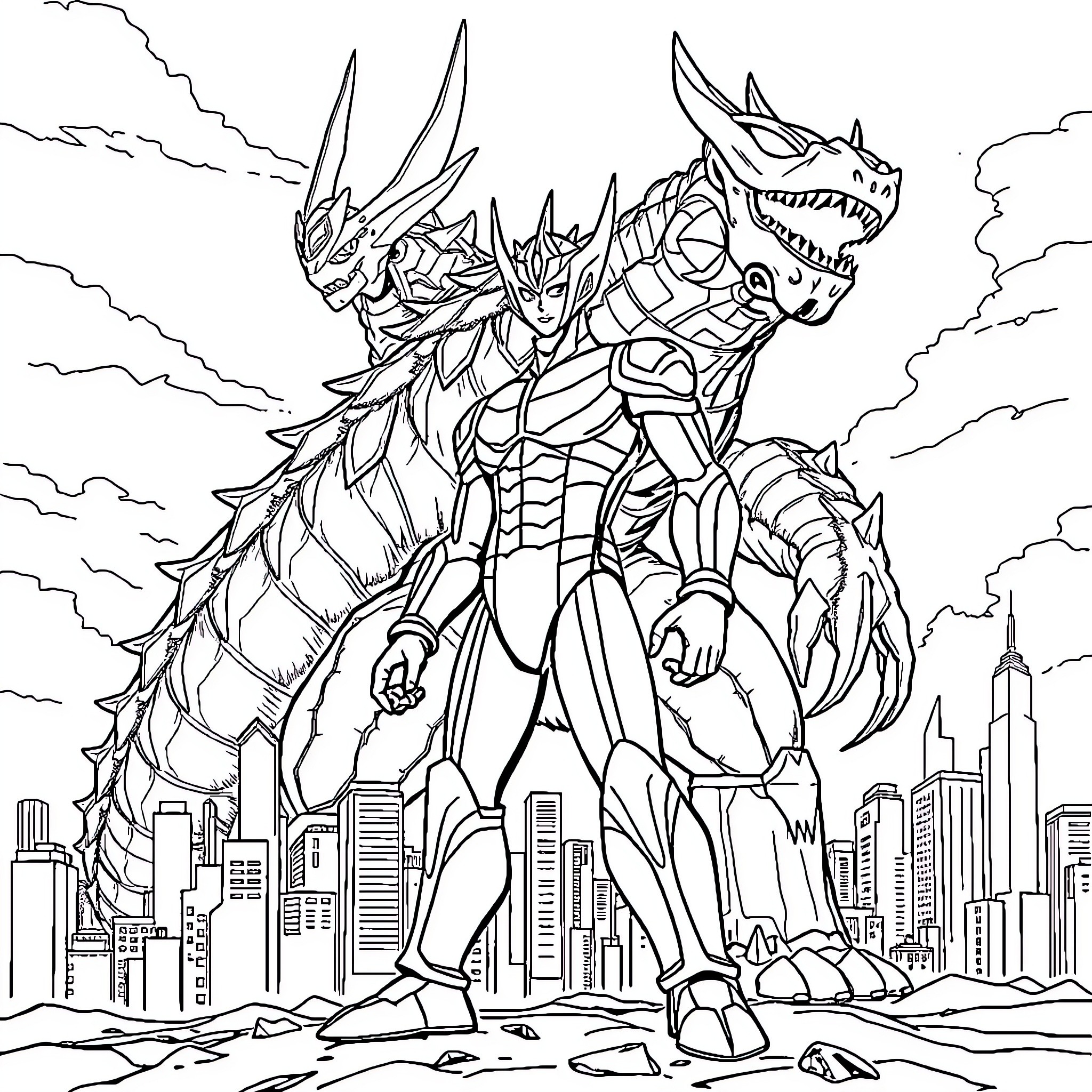 Ultraman battles giant armored dragon in the city Coloring Page (free black-and-white line drawing printable PDF for all, from beginners to advanced learners, including children, teens, adults, and seniors)