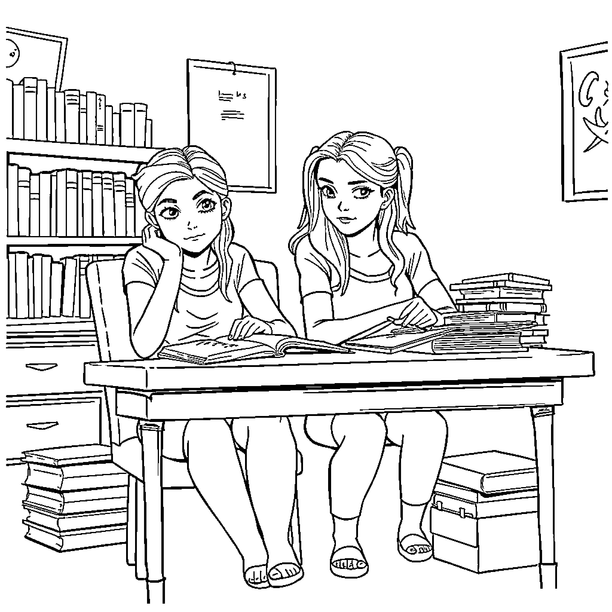 Buffy and Friend Studying in the Library Coloring Page (free black-and-white line drawing printable PDF for all, from beginners to advanced learners, including children, teens, adults, and seniors)