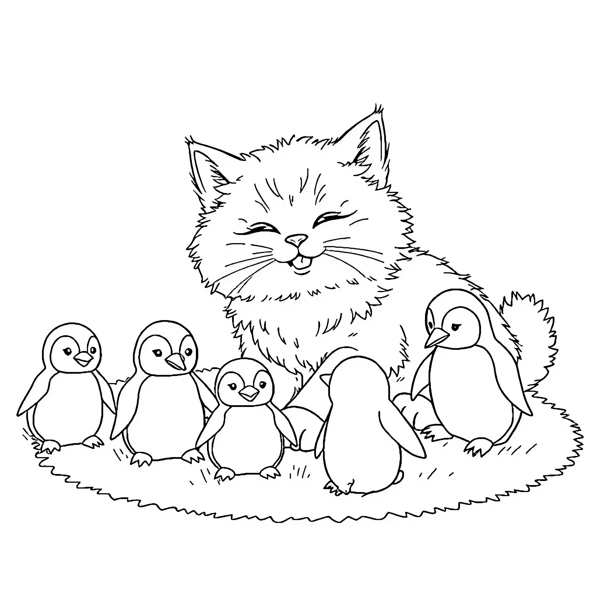 Cat surrounded by playful penguins Coloring Page (free black-and-white line drawing printable PDF for all, from beginners to advanced learners, including children, teens, adults, and seniors)