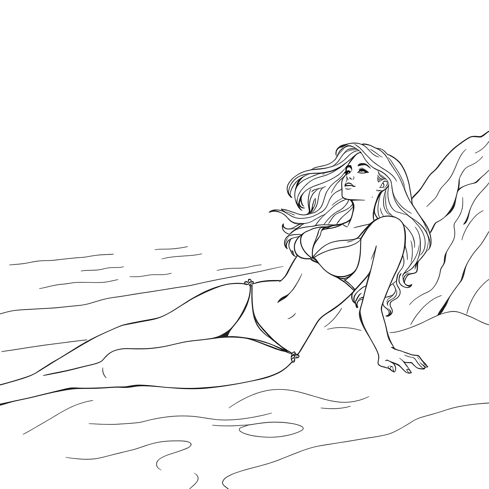 Woman reclining on the beach Coloring Page (free black-and-white line drawing printable PDF for all, from beginners to advanced learners, including children, teens, adults, and seniors)