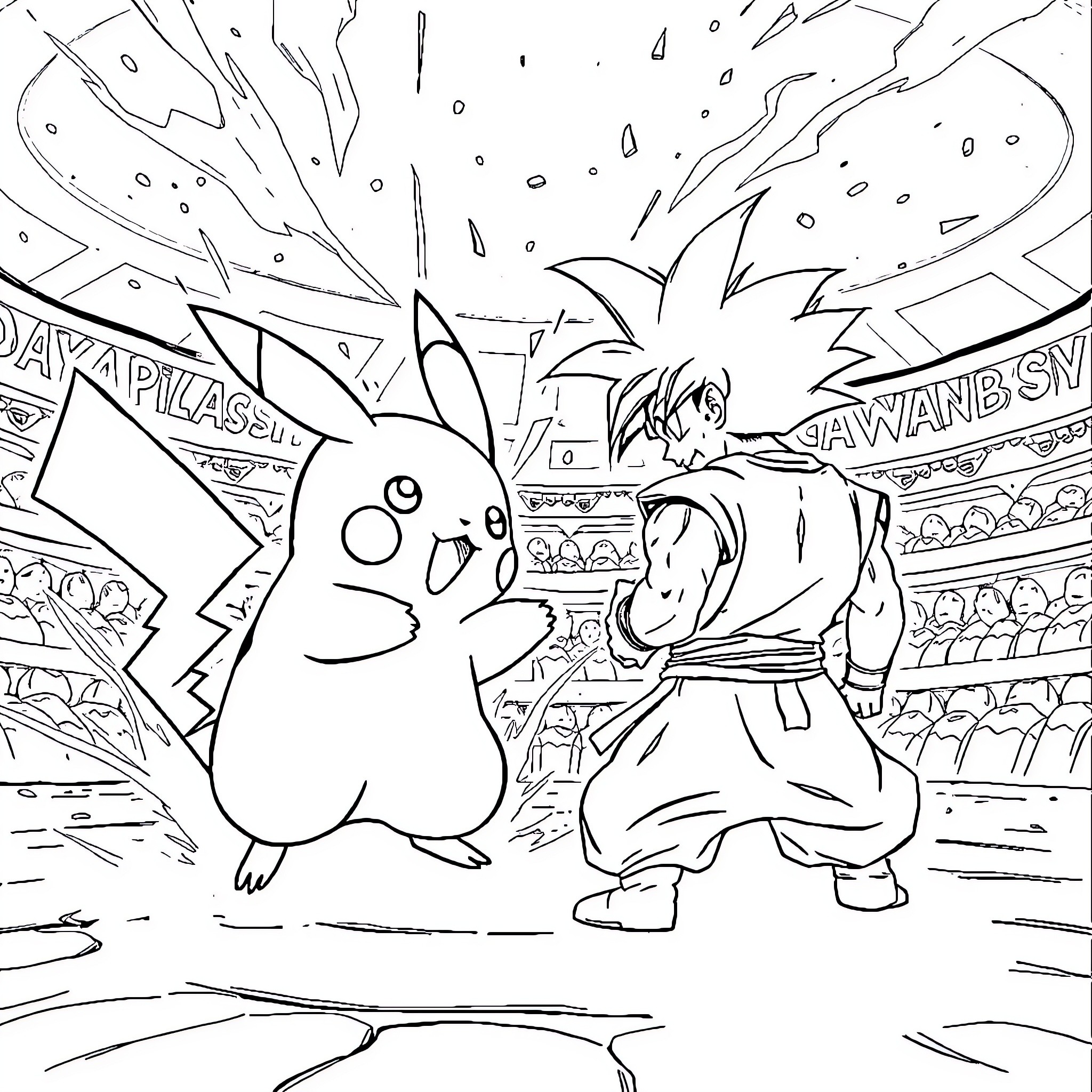 Pikachu battling an opponent in a stadium Coloring Page (free black-and-white line drawing printable PDF for all, from beginners to advanced learners, including children, teens, adults, and seniors)
