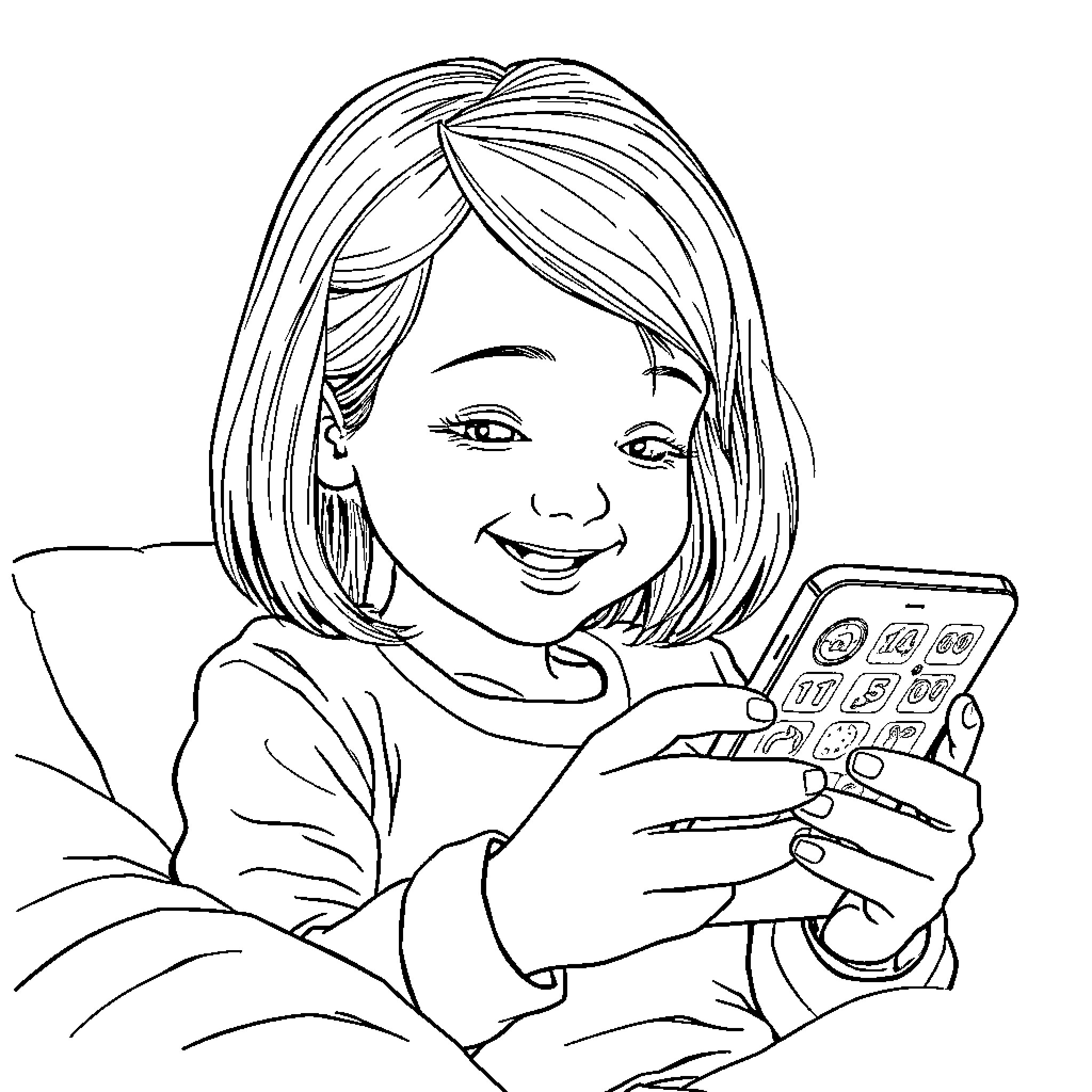 Girl happily using a smartphone Coloring Page (free black-and-white line drawing printable PDF for all, from beginners to advanced learners, including children, teens, adults, and seniors)