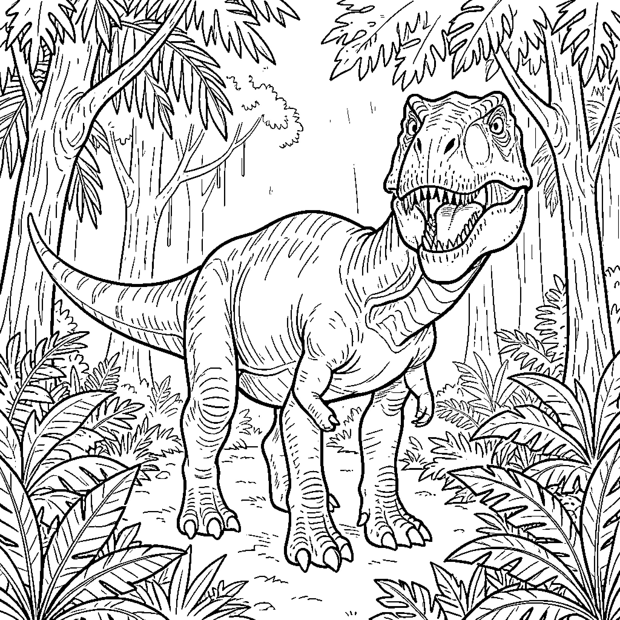 Dinosaur roaring in a lush jungle Coloring Page (free black-and-white line drawing printable PDF for all, from beginners to advanced learners, including children, teens, adults, and seniors)