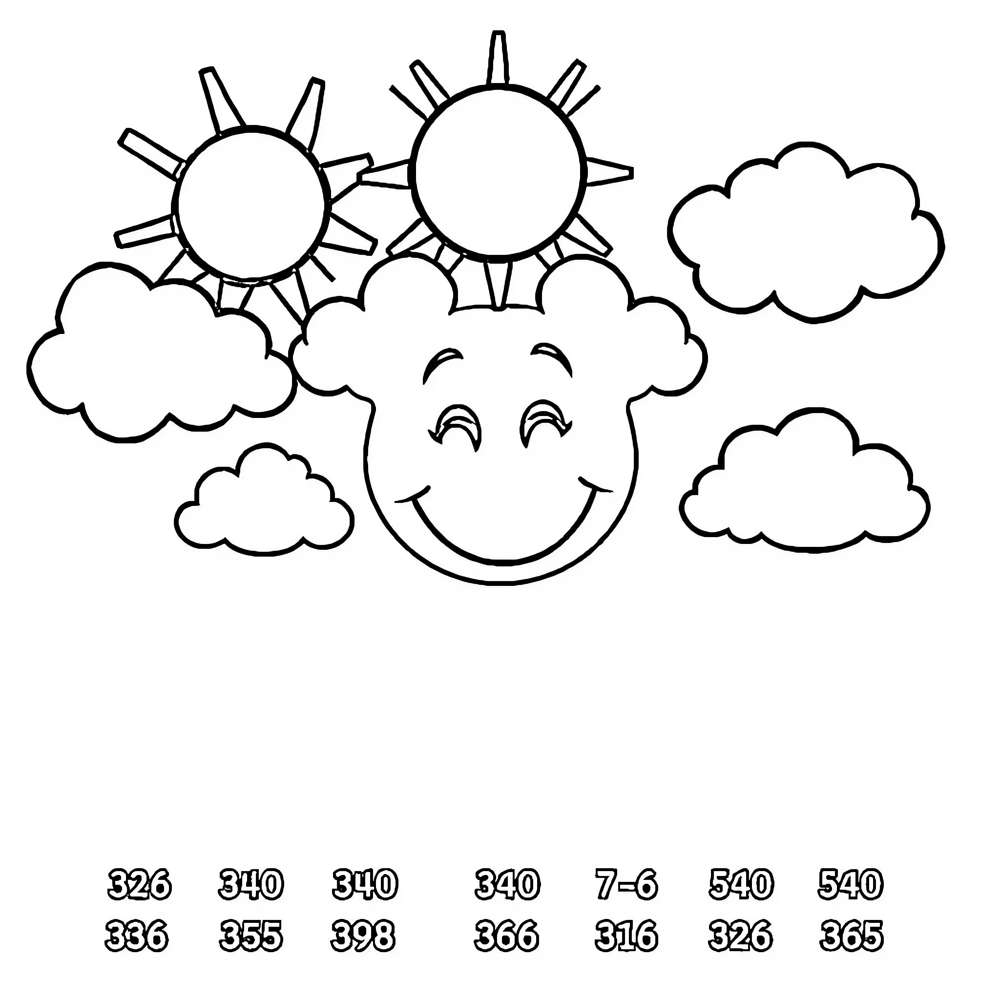 Weather Symbols with Happy Sun Coloring Page (free black-and-white line drawing printable PDF for all, from beginners to advanced learners, including children, teens, adults, and seniors)