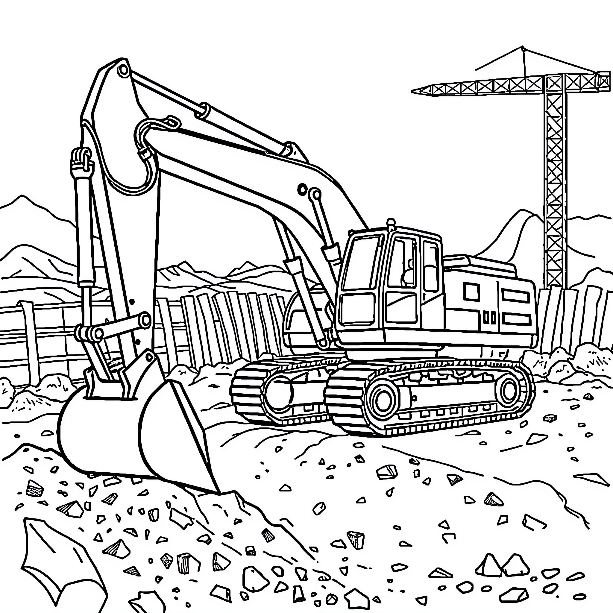 Excavator digging and moving earth on construction site Coloring Page (free black-and-white line drawing printable PDF for all, from beginners to advanced learners, including children, teens, adults, and seniors)