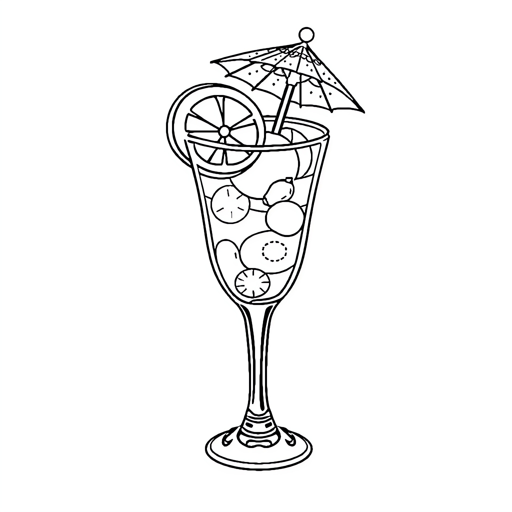 Cocktail with umbrella and citrus fruits Coloring Page (free black-and-white line drawing printable PDF for all, from beginners to advanced learners, including children, teens, adults, and seniors)