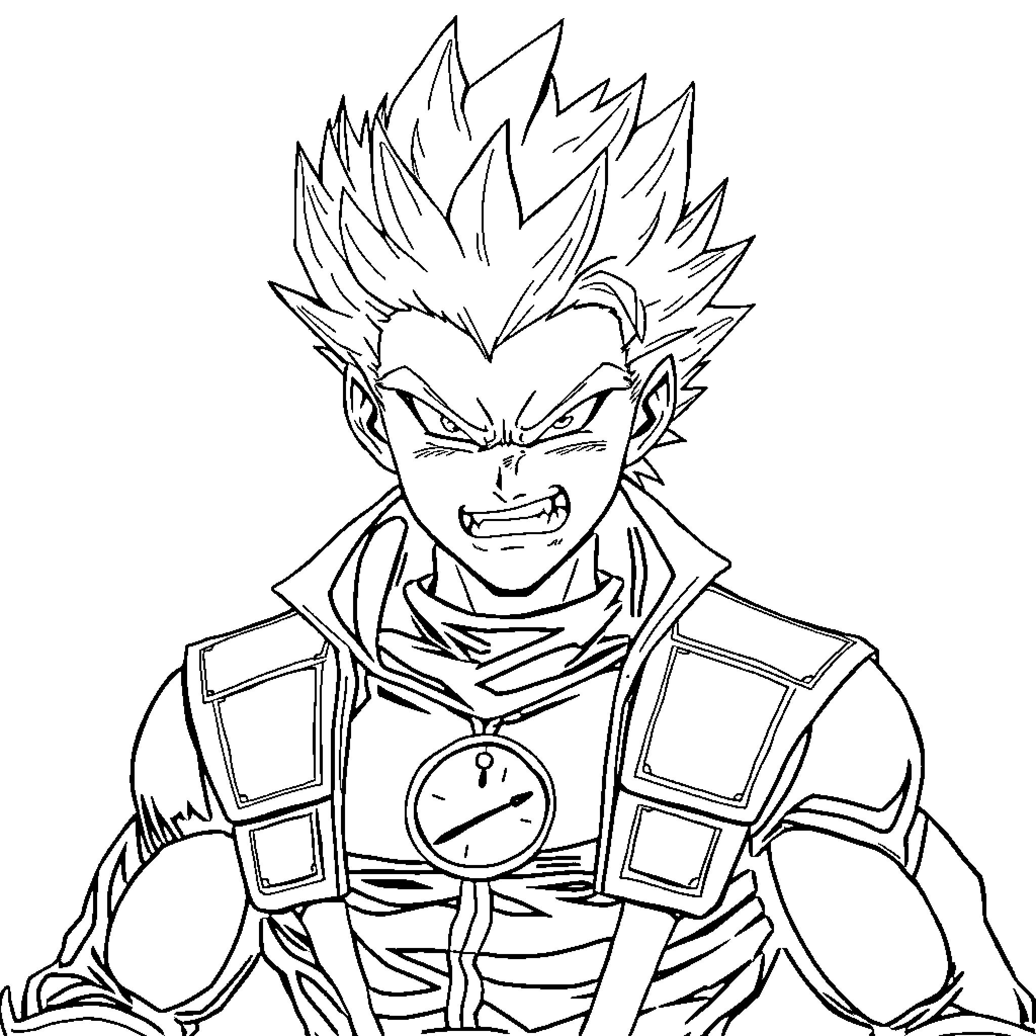 Bakugo's Intense Expression and Armored Outfit Coloring Page (free black-and-white line drawing printable PDF for all, from beginners to advanced learners, including children, teens, adults, and seniors)