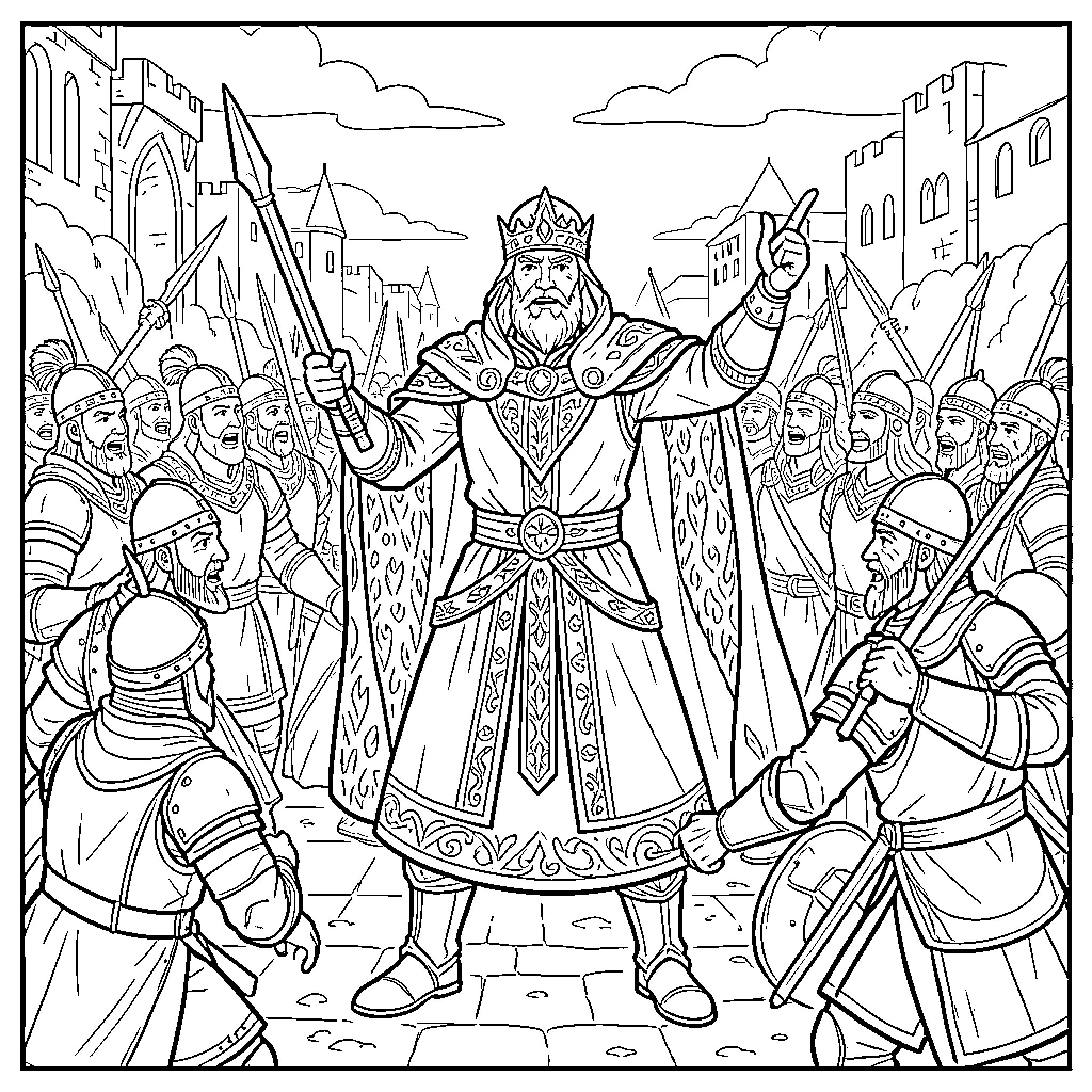 Action Figure King commanding soldiers during a battle Coloring Page (free black-and-white line drawing printable PDF for all, from beginners to advanced learners, including children, teens, adults, and seniors)