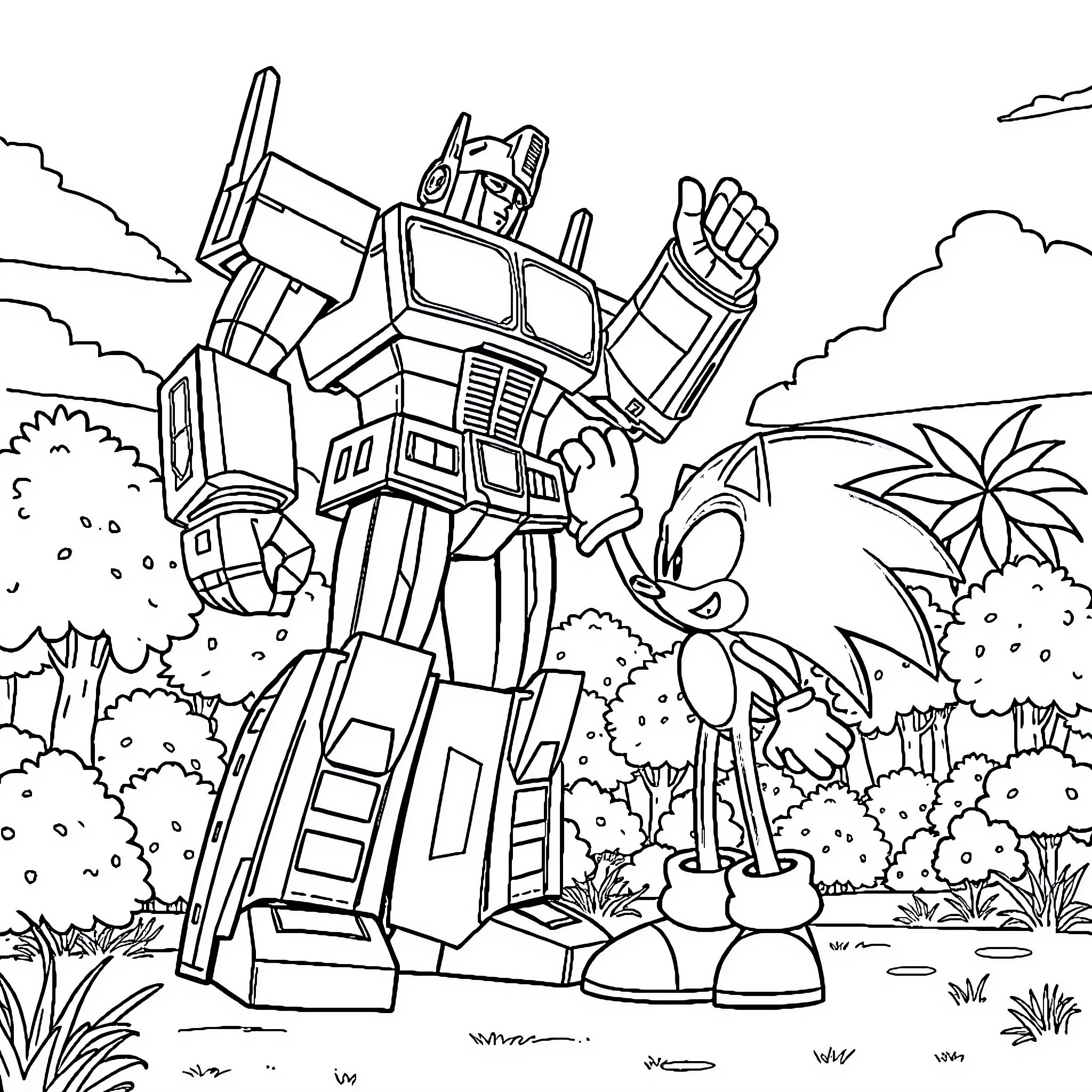 Optimus Prime towers over Sonic the Hedgehog in a lush outdoor scene Coloring Page (free black-and-white line drawing printable PDF for all, from beginners to advanced learners, including children, teens, adults, and seniors)