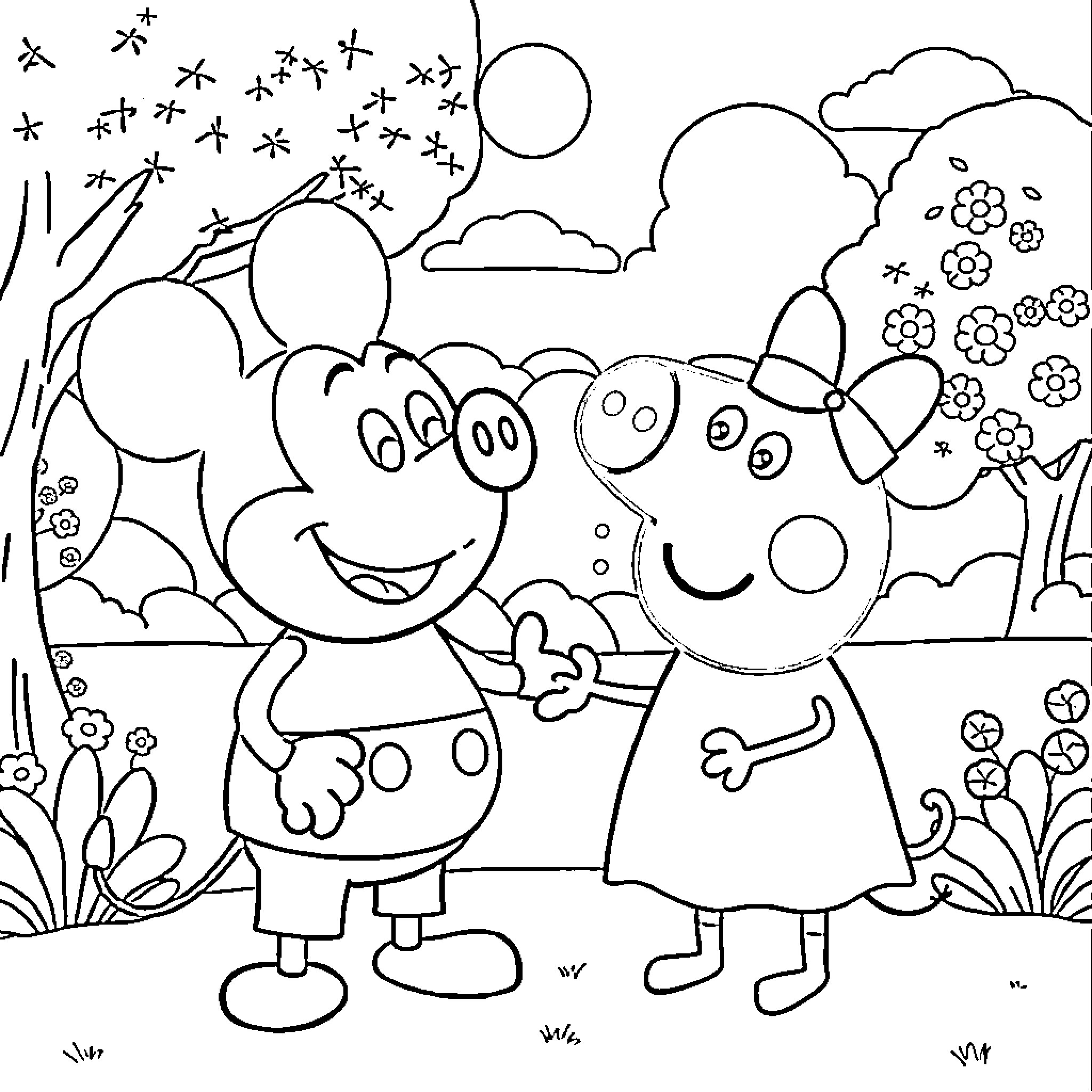 Peppa Pig and Friends Enjoying the Outdoors Coloring Page (free black-and-white line drawing printable PDF for all, from beginners to advanced learners, including children, teens, adults, and seniors)