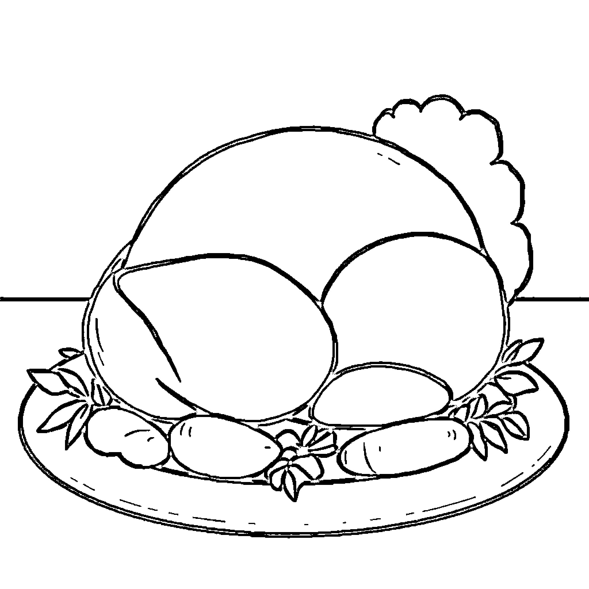 Turkey and Vegetables on a Plate Coloring Page (free black-and-white line drawing printable PDF for all, from beginners to advanced learners, including children, teens, adults, and seniors)