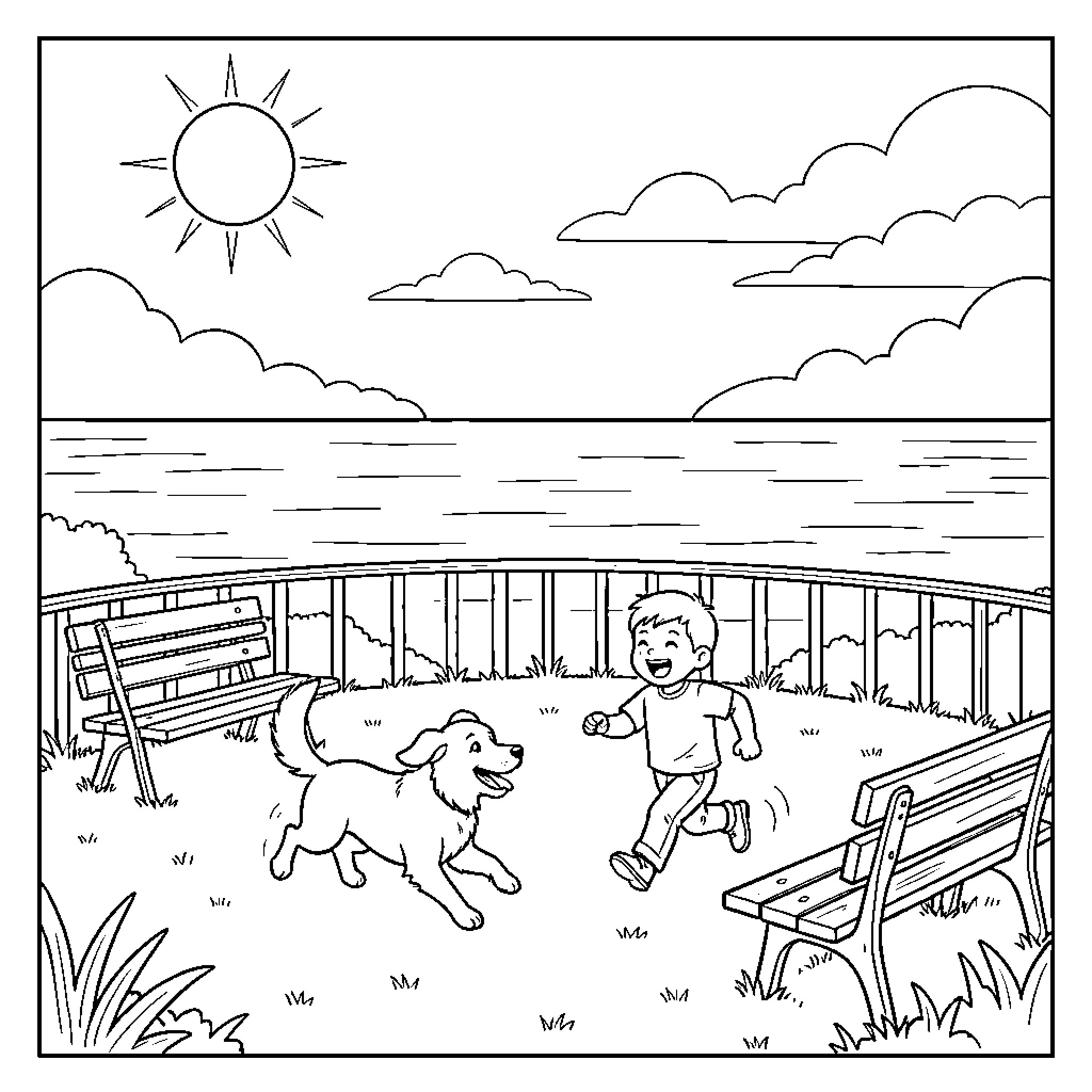 Dog running and playing with a boy outdoors Coloring Page (free black-and-white line drawing printable PDF for all, from beginners to advanced learners, including children, teens, adults, and seniors)