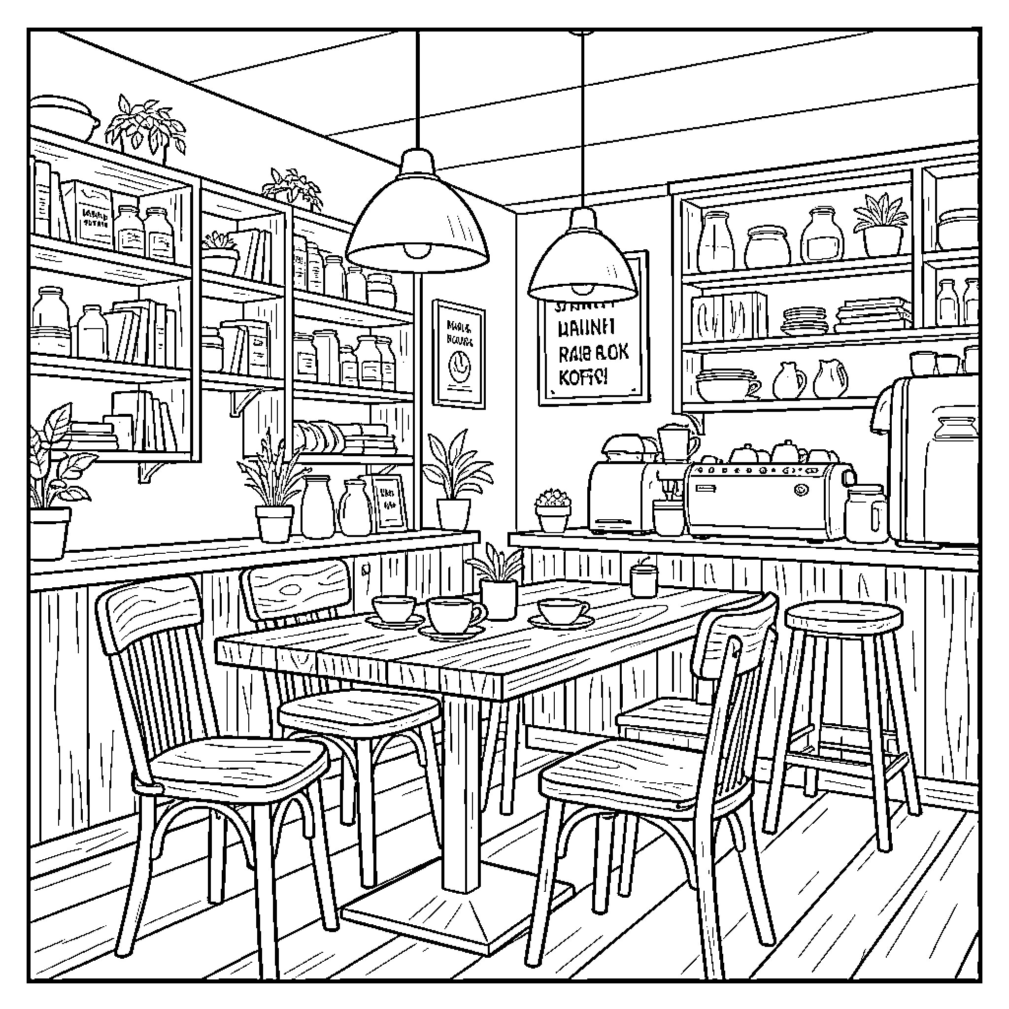 Kedai Kopi interior with cozy seating and cafe decor Coloring Page (free black-and-white line drawing printable PDF for all, from beginners to advanced learners, including children, teens, adults, and seniors)
