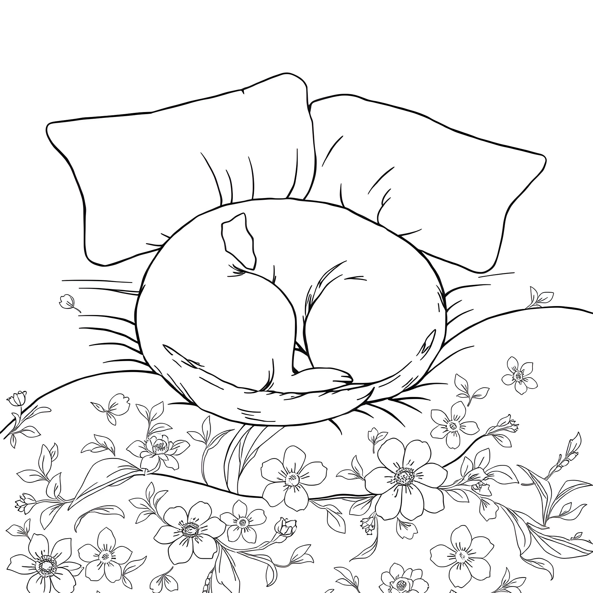 Dog sleeping peacefully on floral bedding Coloring Page (free black-and-white line drawing printable PDF for all, from beginners to advanced learners, including children, teens, adults, and seniors)