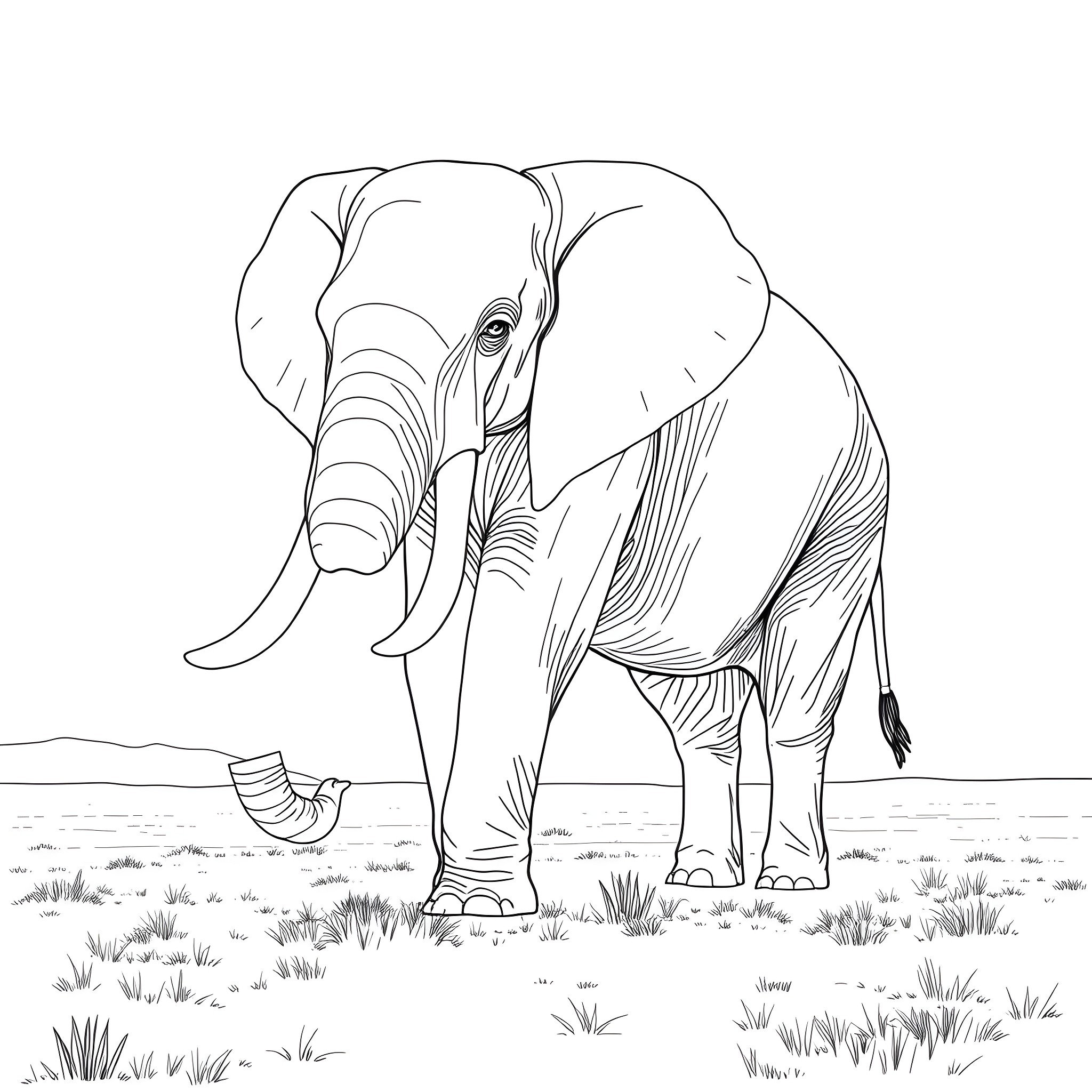 Elephant walking through the grassland Coloring Page (free black-and-white line drawing printable PDF for all, from beginners to advanced learners, including children, teens, adults, and seniors)
