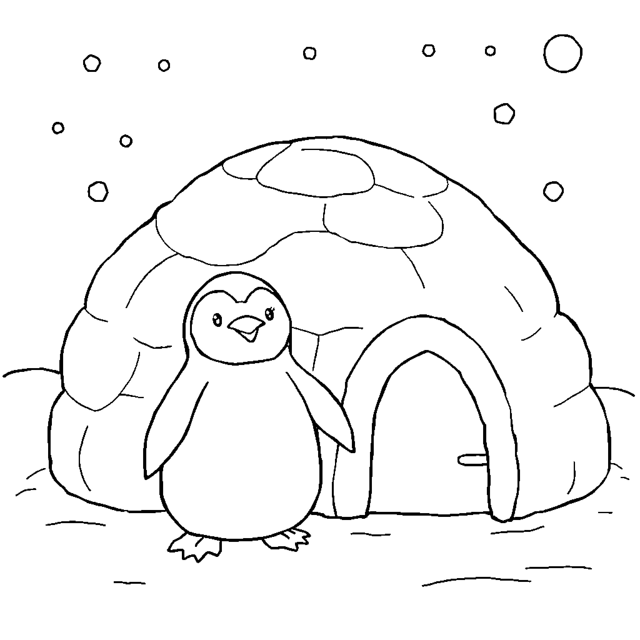 Penguin standing outside an igloo Coloring Page (free black-and-white line drawing printable PDF for all, from beginners to advanced learners, including children, teens, adults, and seniors)