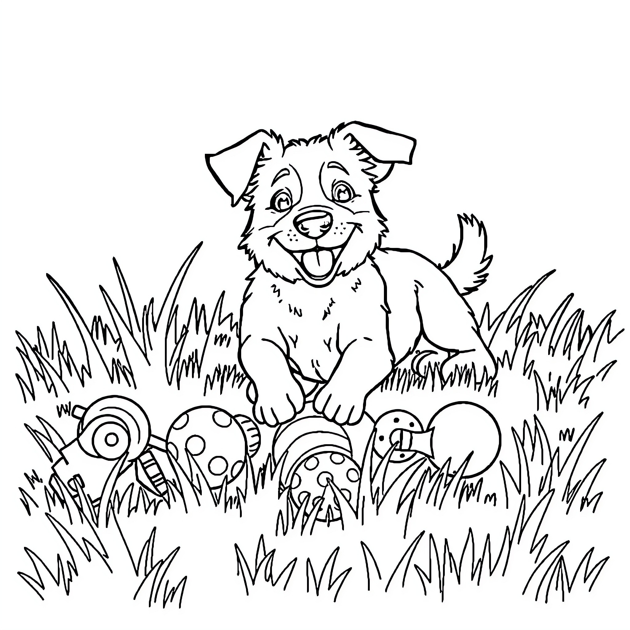 Dog playing joyfully with colorful balls in the grass Coloring Page (free black-and-white line drawing printable PDF for all, from beginners to advanced learners, including children, teens, adults, and seniors)