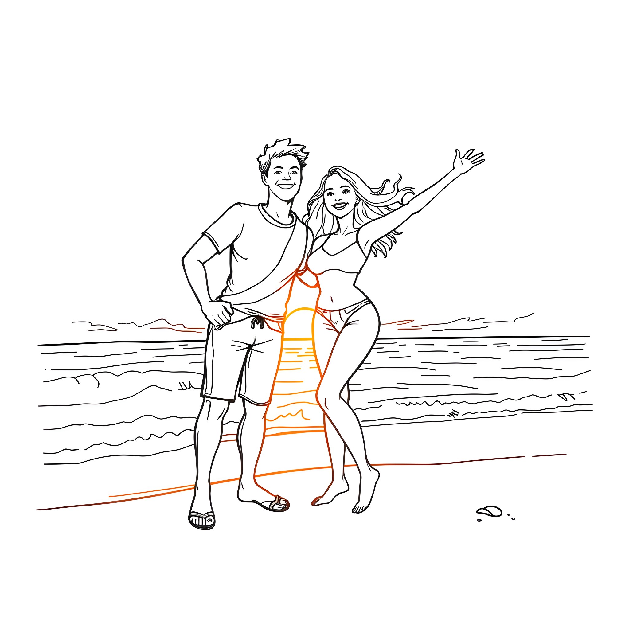 Beach couple enjoying sunset together Coloring Page (free black-and-white line drawing printable PDF for all, from beginners to advanced learners, including children, teens, adults, and seniors)