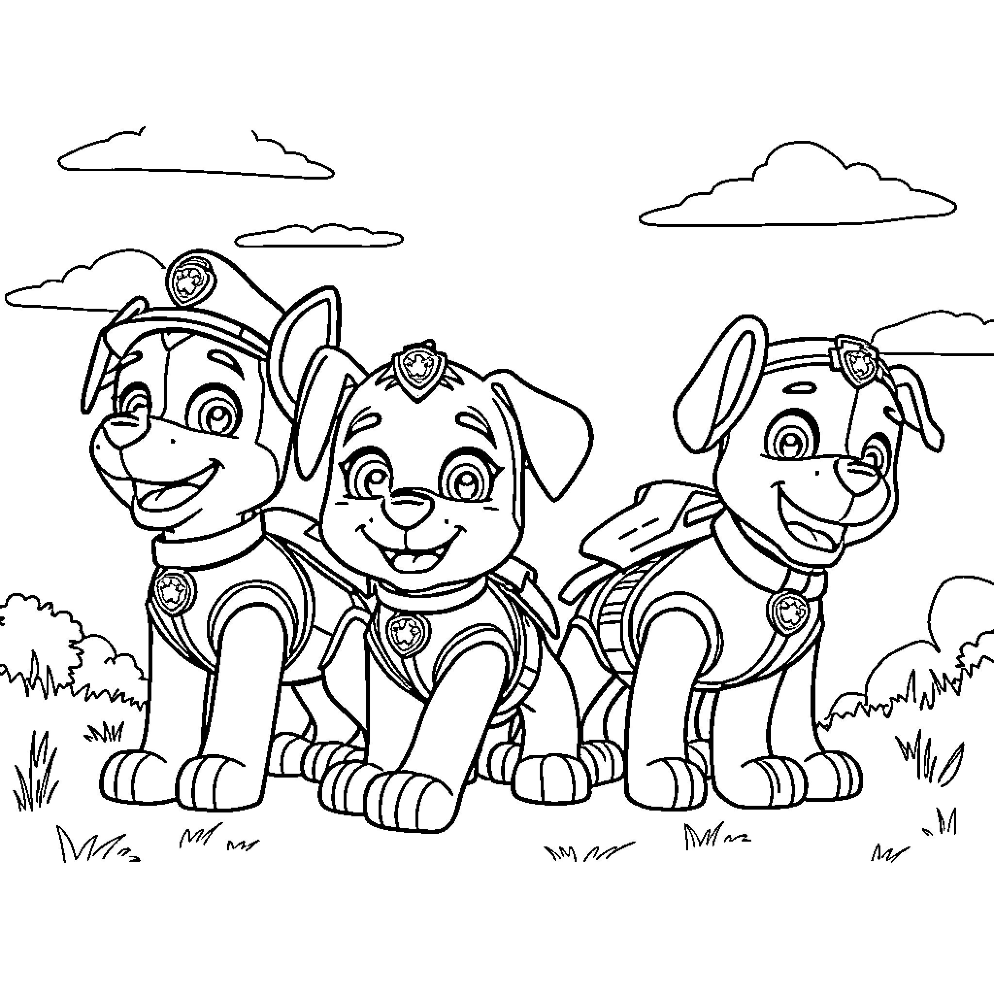 Paw Patrol pups on adventure in the outdoors Coloring Page (free black-and-white line drawing printable PDF for all, from beginners to advanced learners, including children, teens, adults, and seniors)