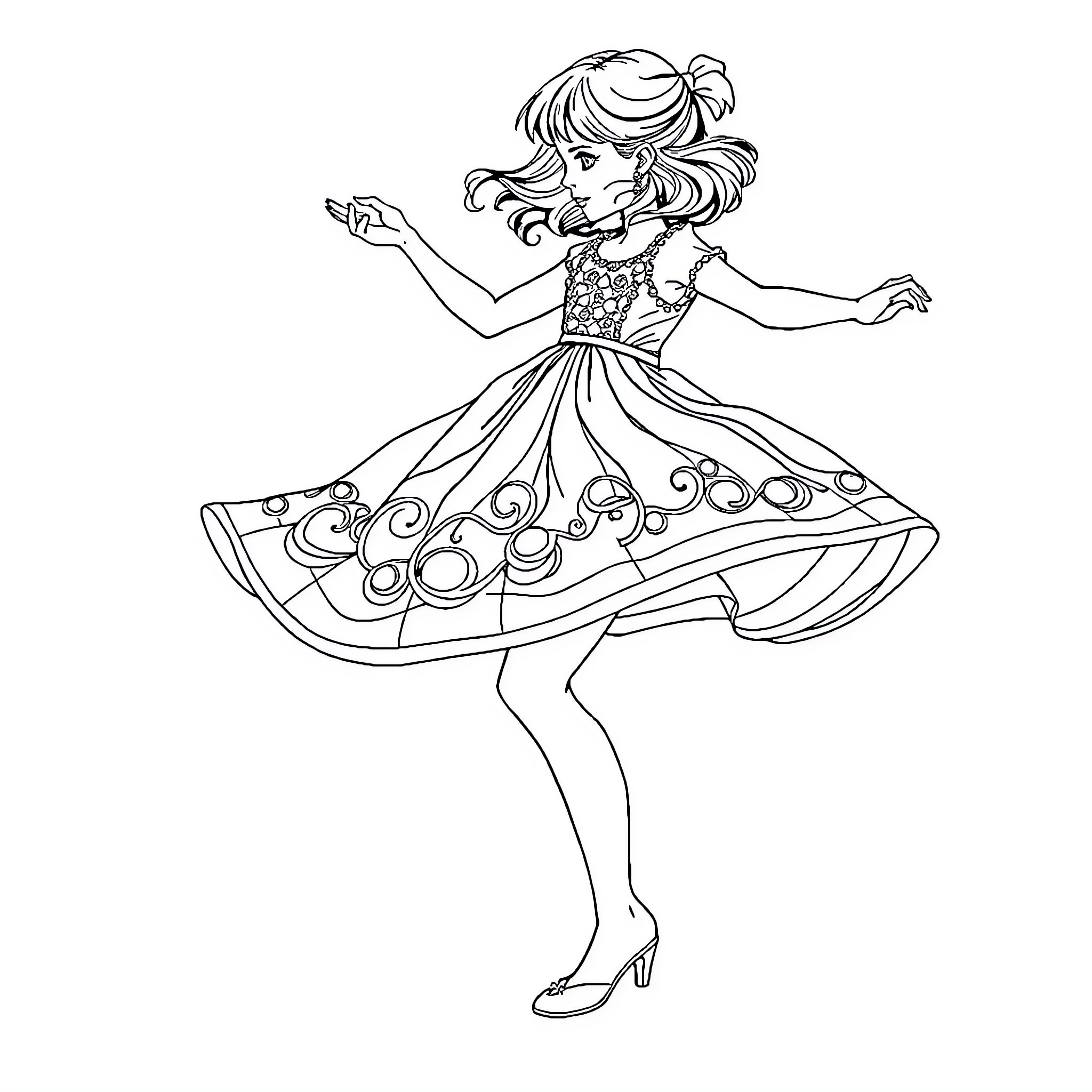 Girl dancing gracefully in fancy dress Coloring Page (free black-and-white line drawing printable PDF for all, from beginners to advanced learners, including children, teens, adults, and seniors)