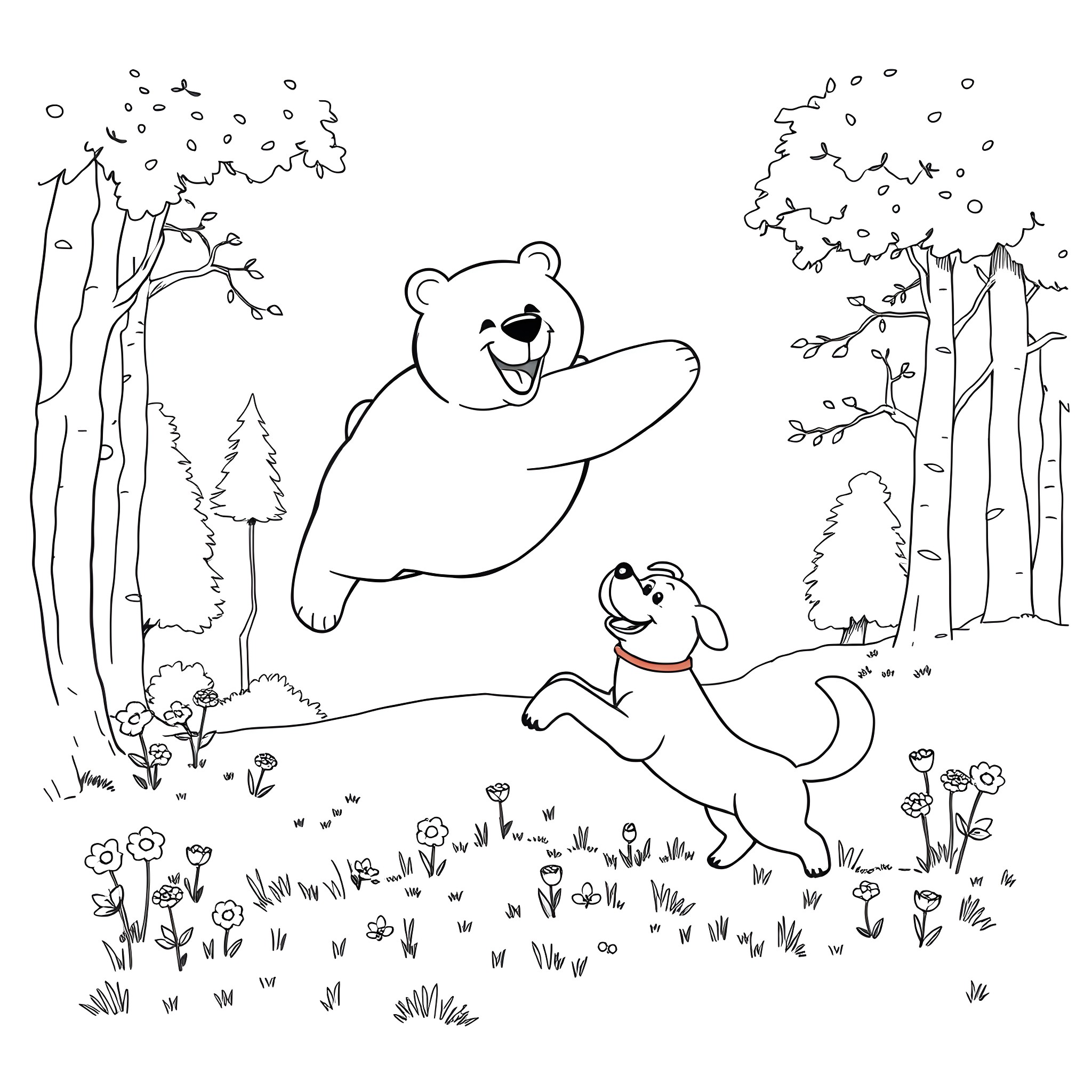 Bear and dog playing joyfully in the forest Coloring Page (free black-and-white line drawing printable PDF for all, from beginners to advanced learners, including children, teens, adults, and seniors)